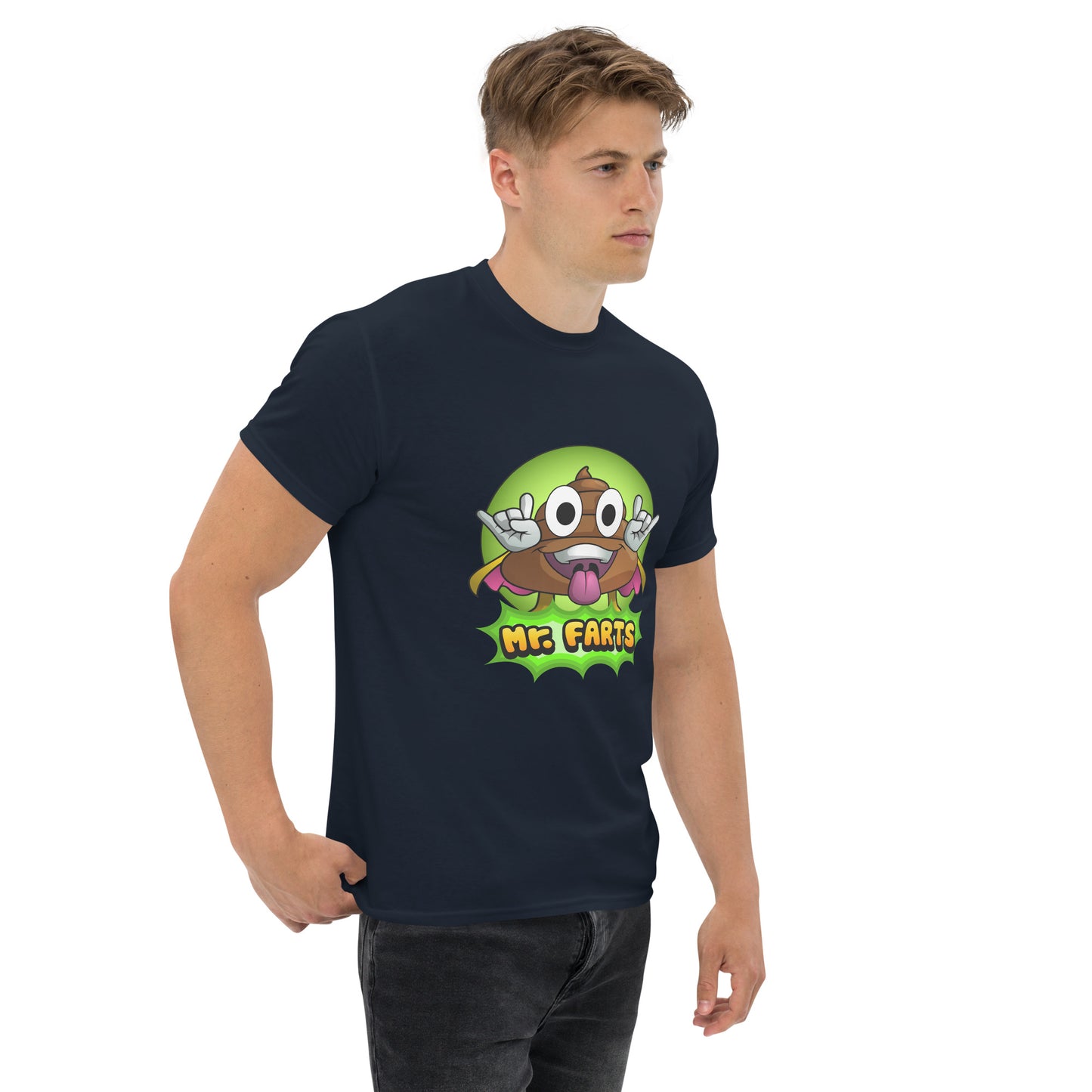 Right angled view of Mr Farts t-shirt in navy