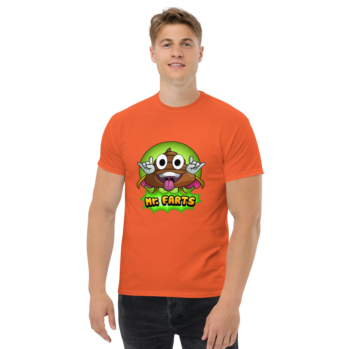 Front view of Mr Farts classic t-shirt in orange