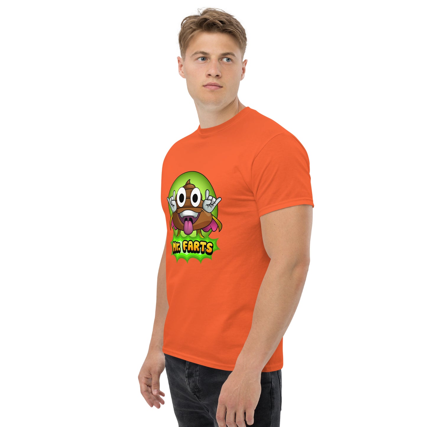 Left angled view of Mr Farts t-shirt in orange
