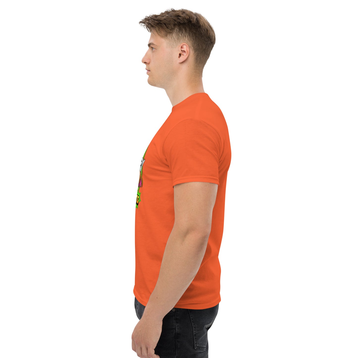 Left side profile of Mr Farts t-shirt in orange
