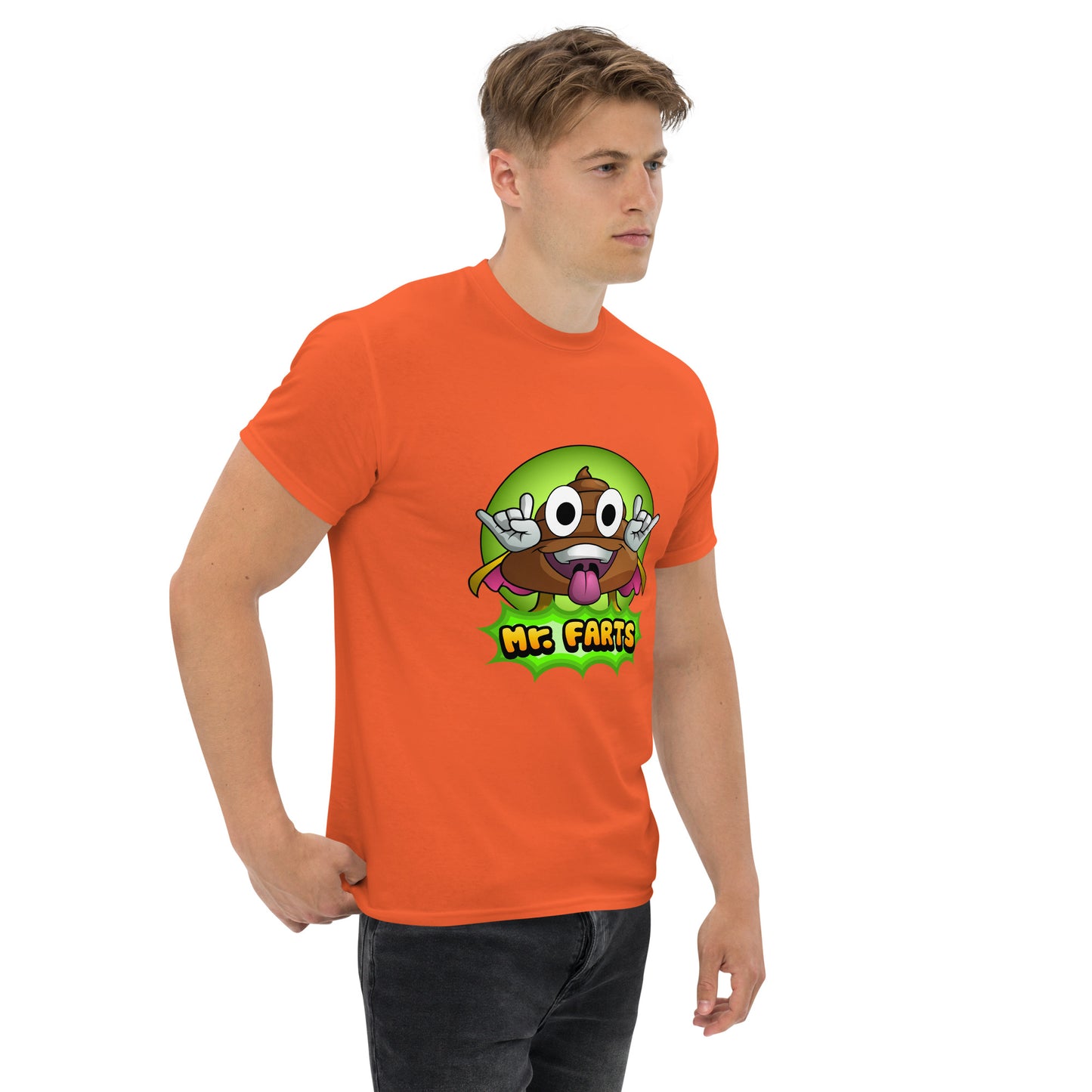 Right angled view of Mr Farts t-shirt in orange
