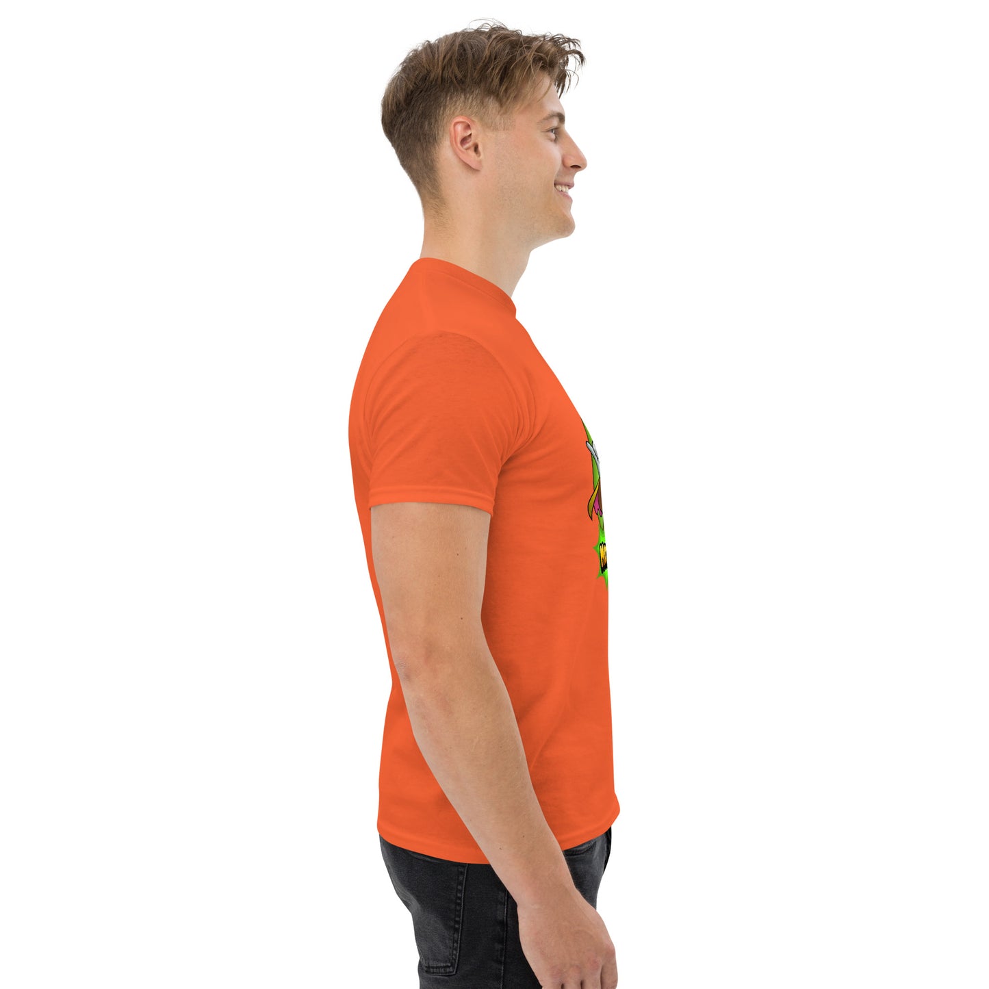 Right side profile of Mr Farts t-shirt in orange