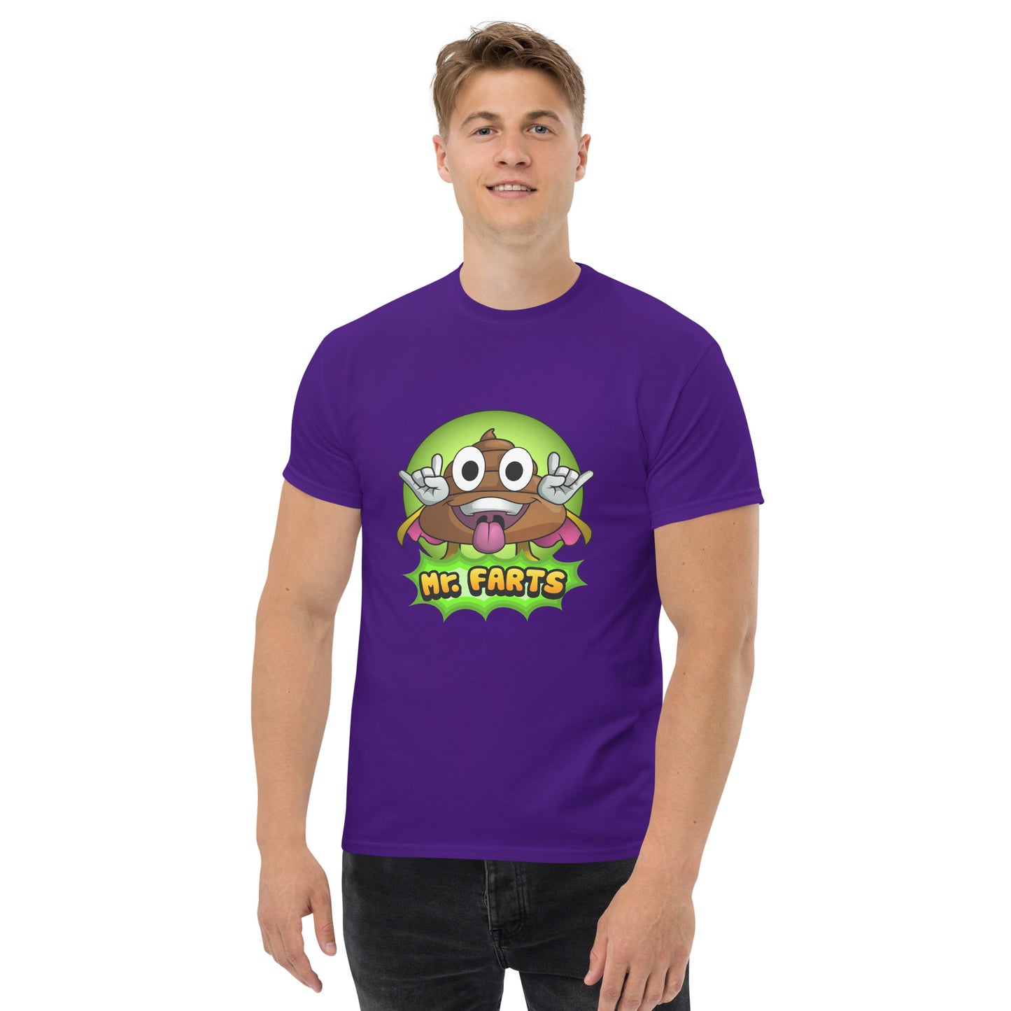 Front view of Mr Farts classic t-shirt in purple