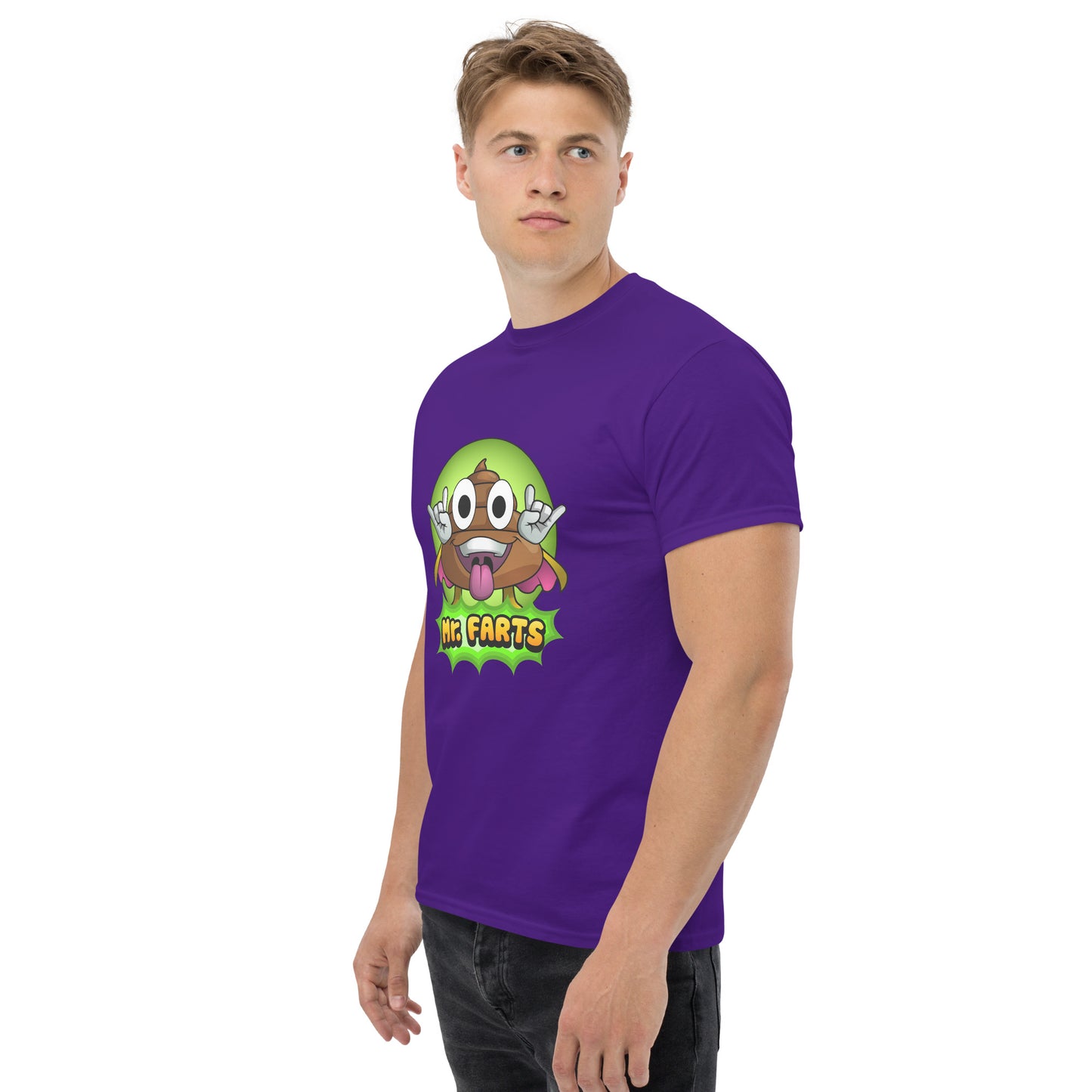 Left angled view of Mr Farts t-shirt in purple