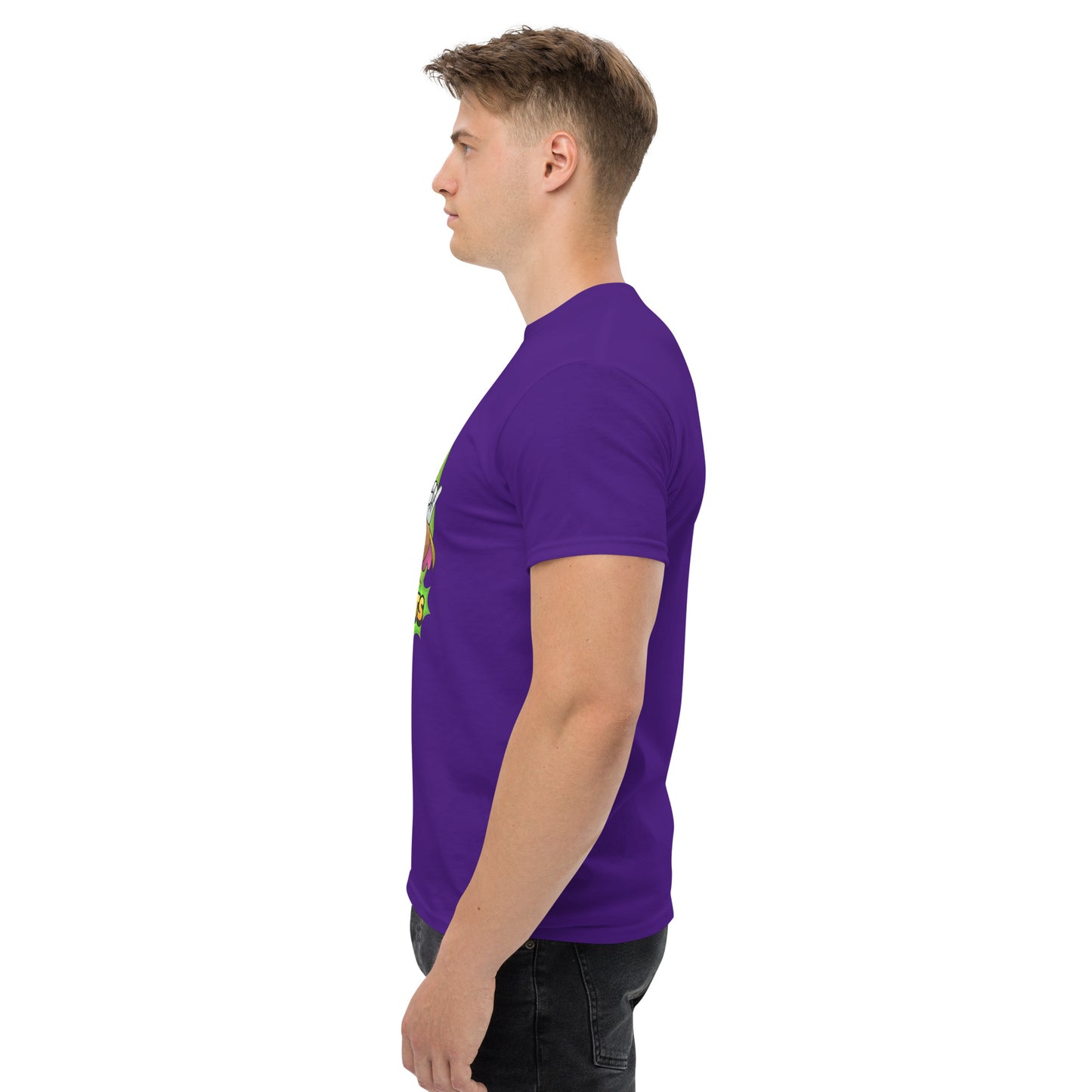 Left side profile of Mr Farts t-shirt in purple