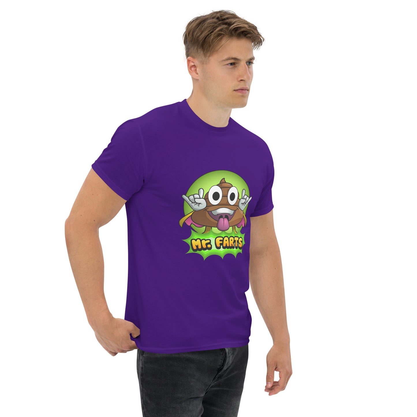 Right angled view of Mr Farts t-shirt in purple