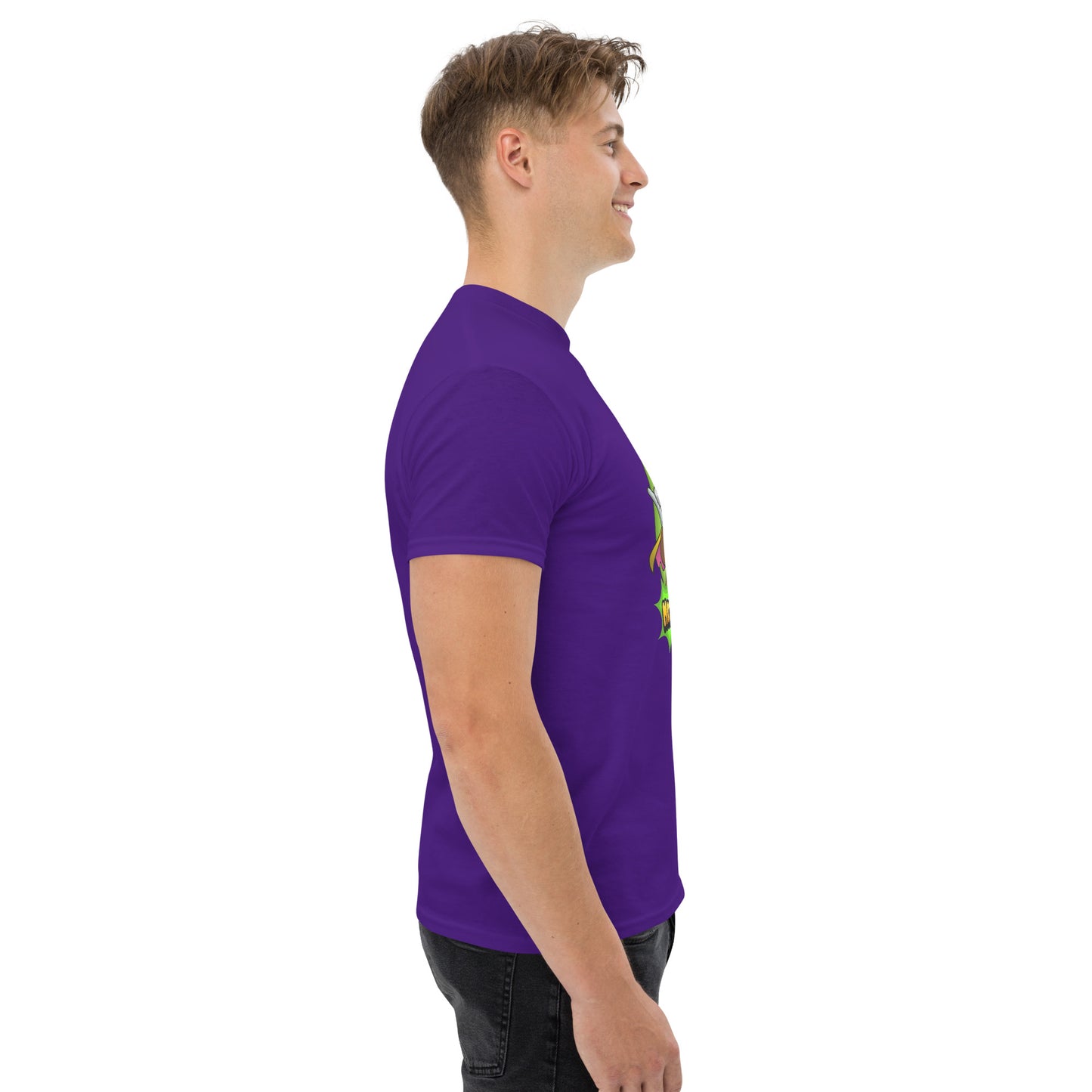 Right side profile of Mr Farts t-shirt in purple