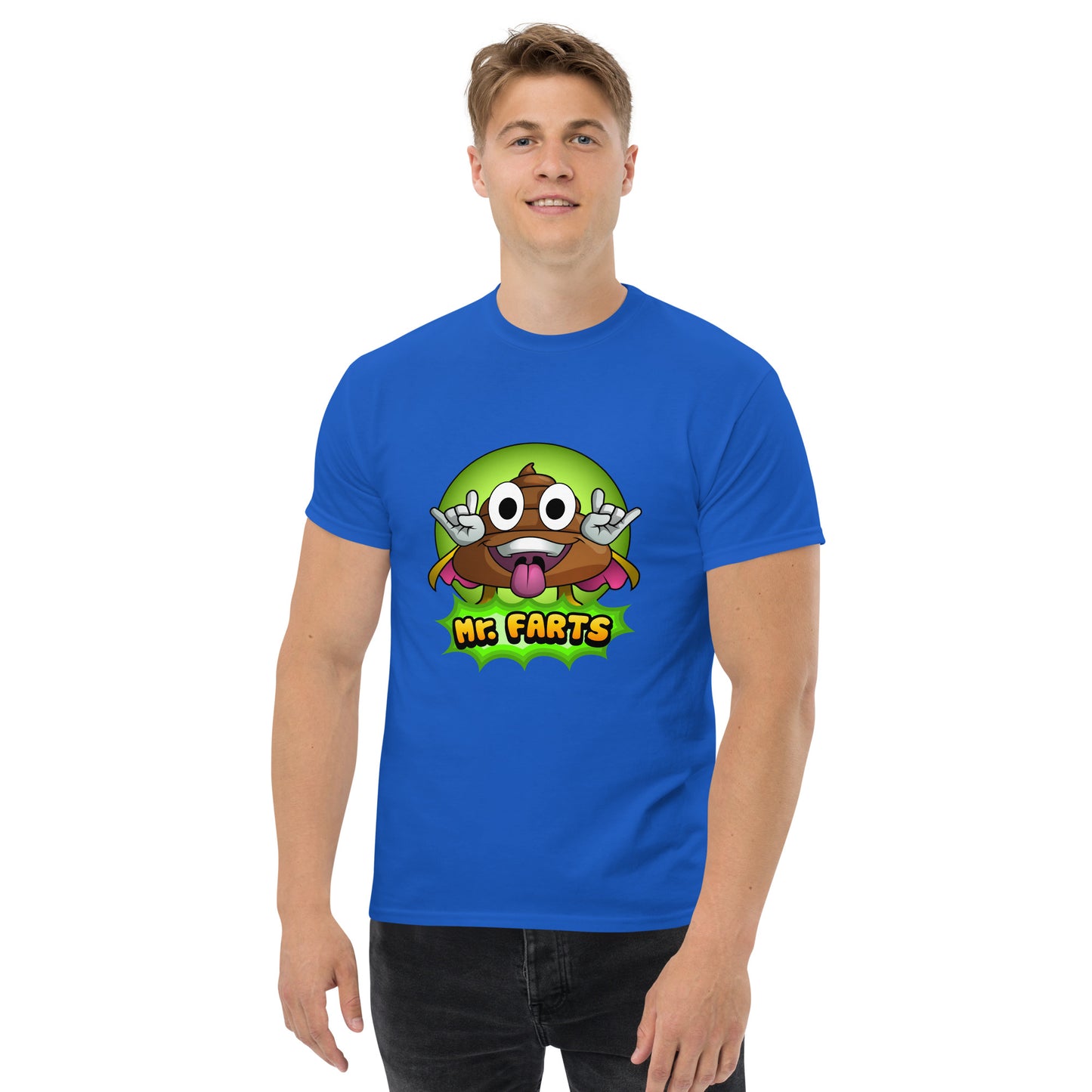 Front view of Mr Farts classic t-shirt in blue