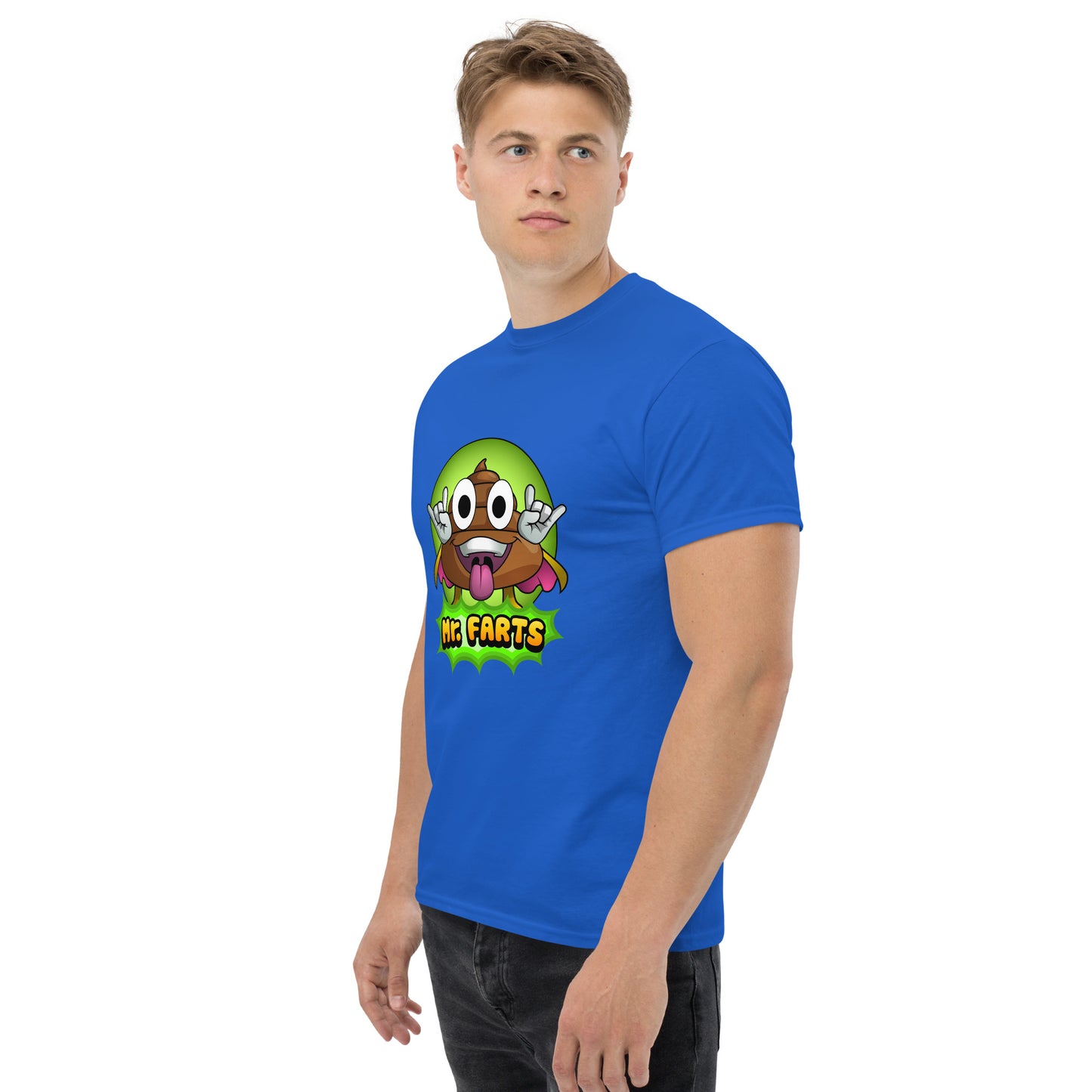 Left angled view of Mr Farts t-shirt in blue
