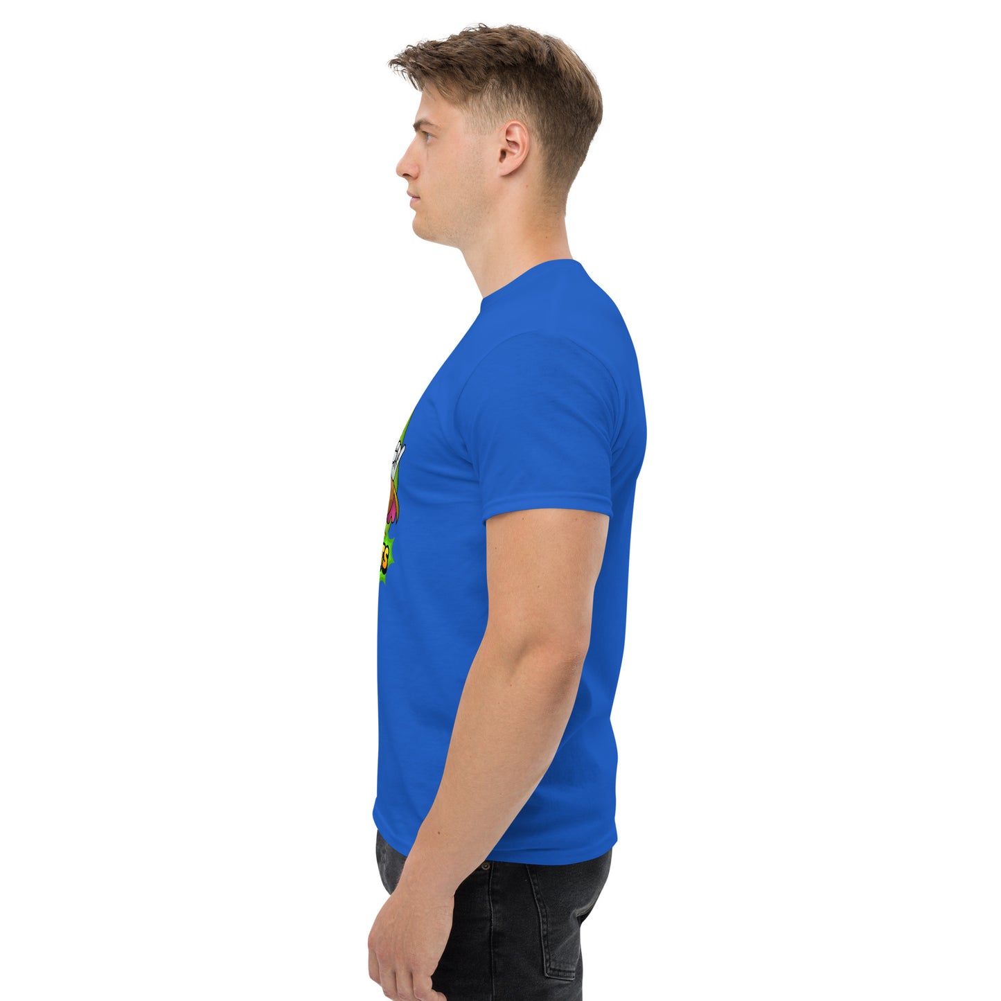 Left side profile of Mr Farts t-shirt in blue