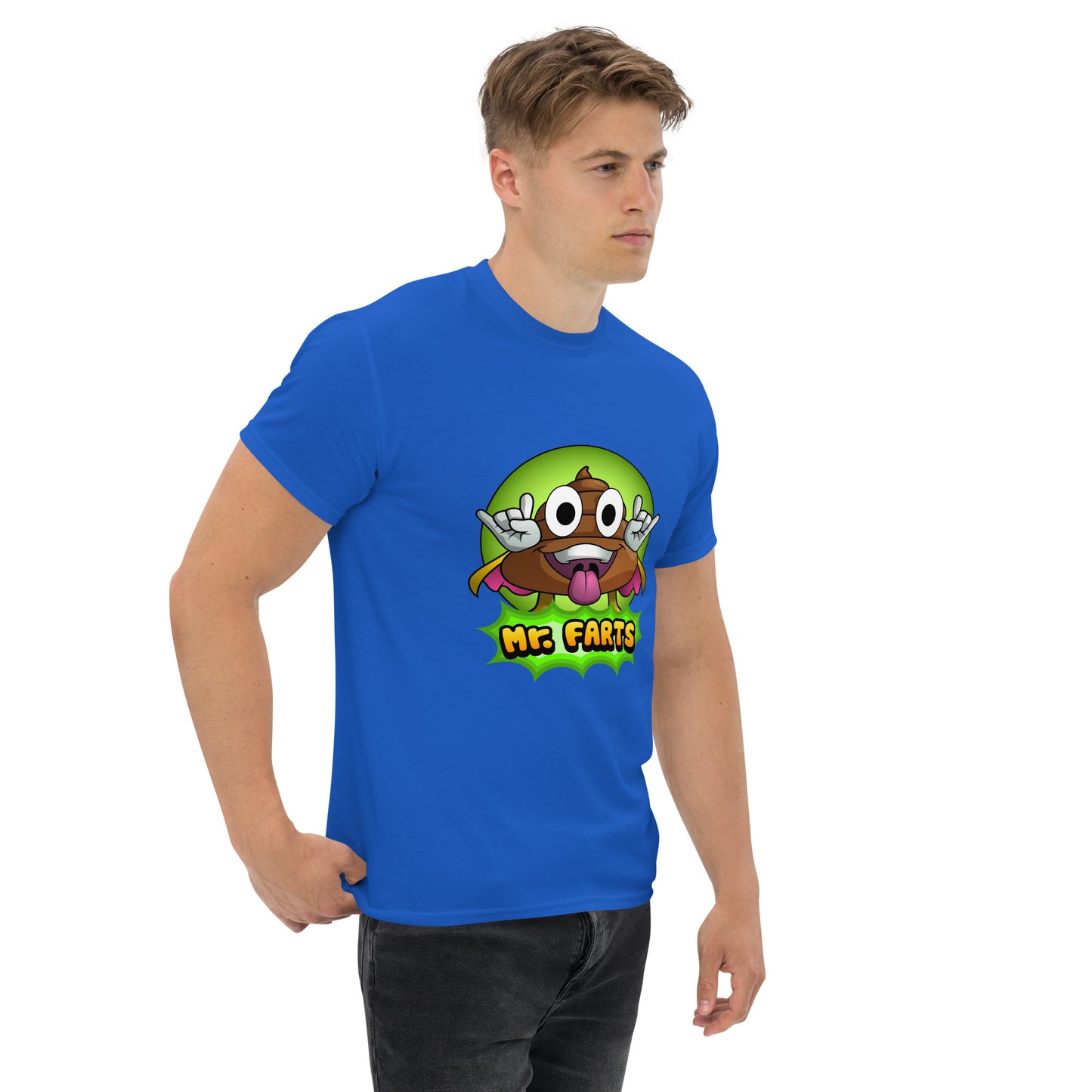 Right angled view of Mr Farts t-shirt in blue