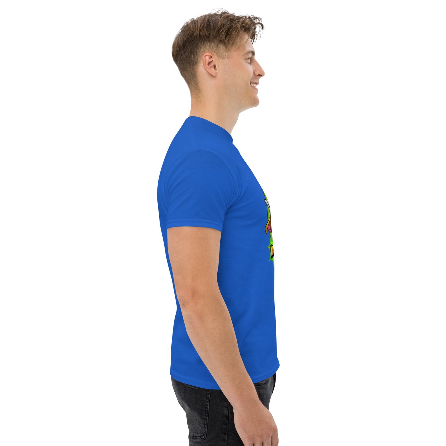 Right side profile of Mr Farts t-shirt in blue