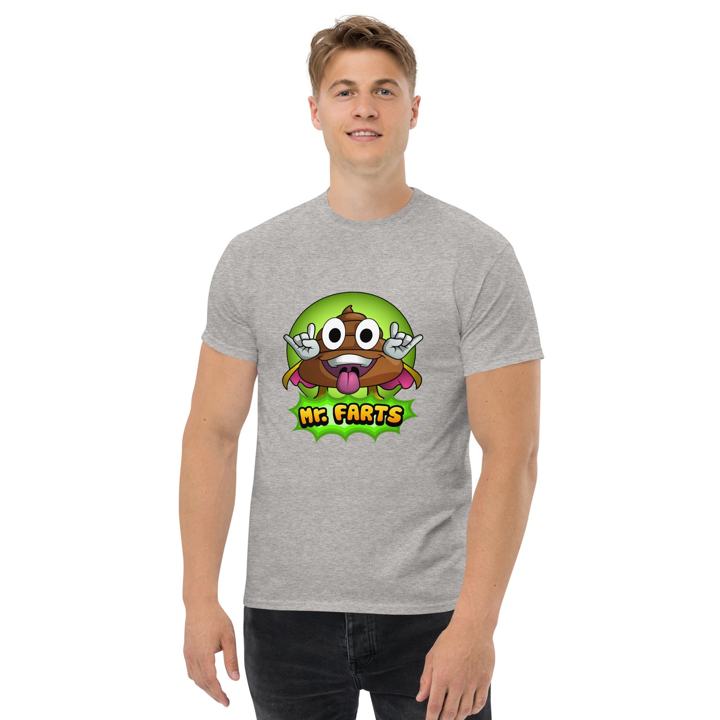 Front view of Mr Farts classic t-shirt in grey