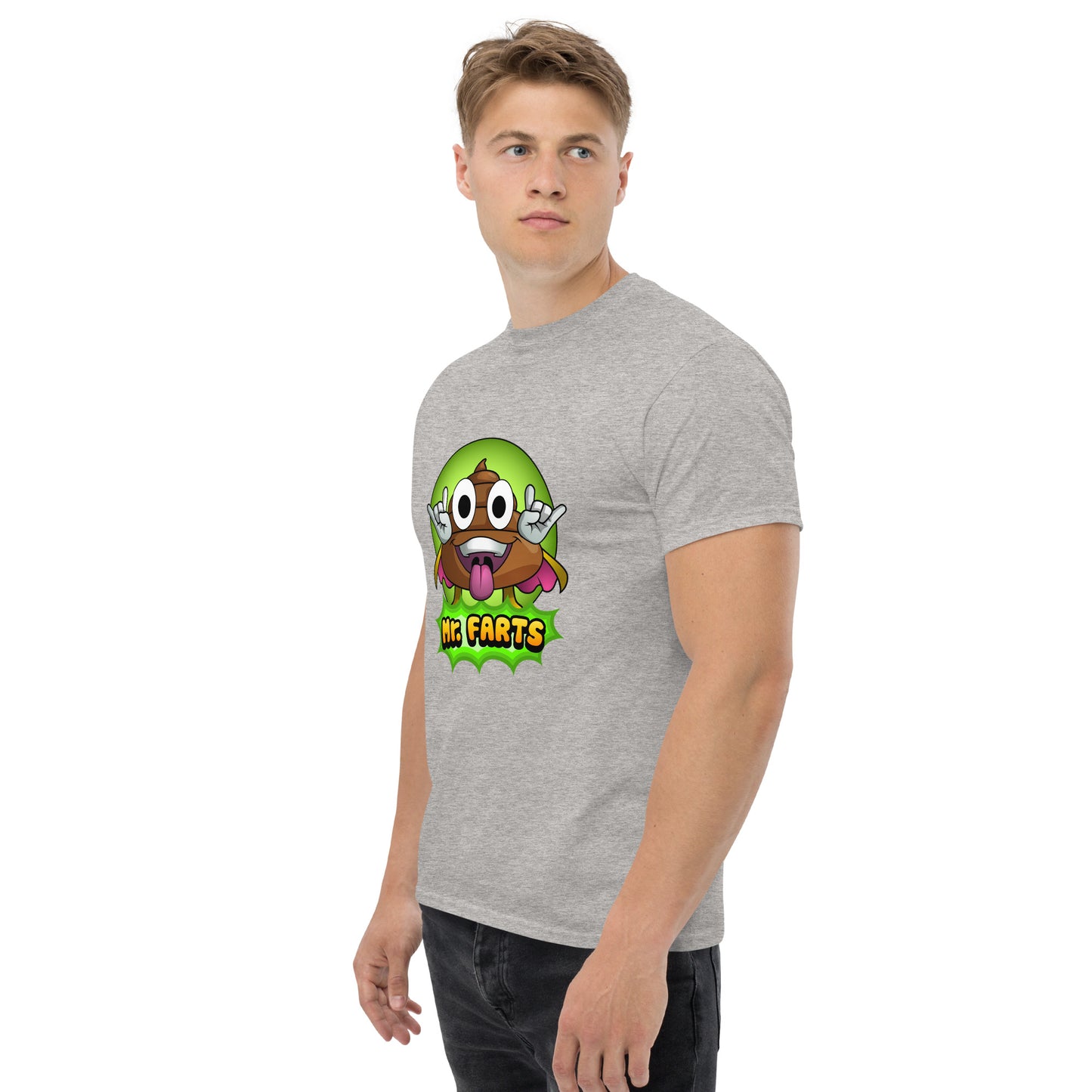 Left side profile of Mr Farts t-shirt in grey