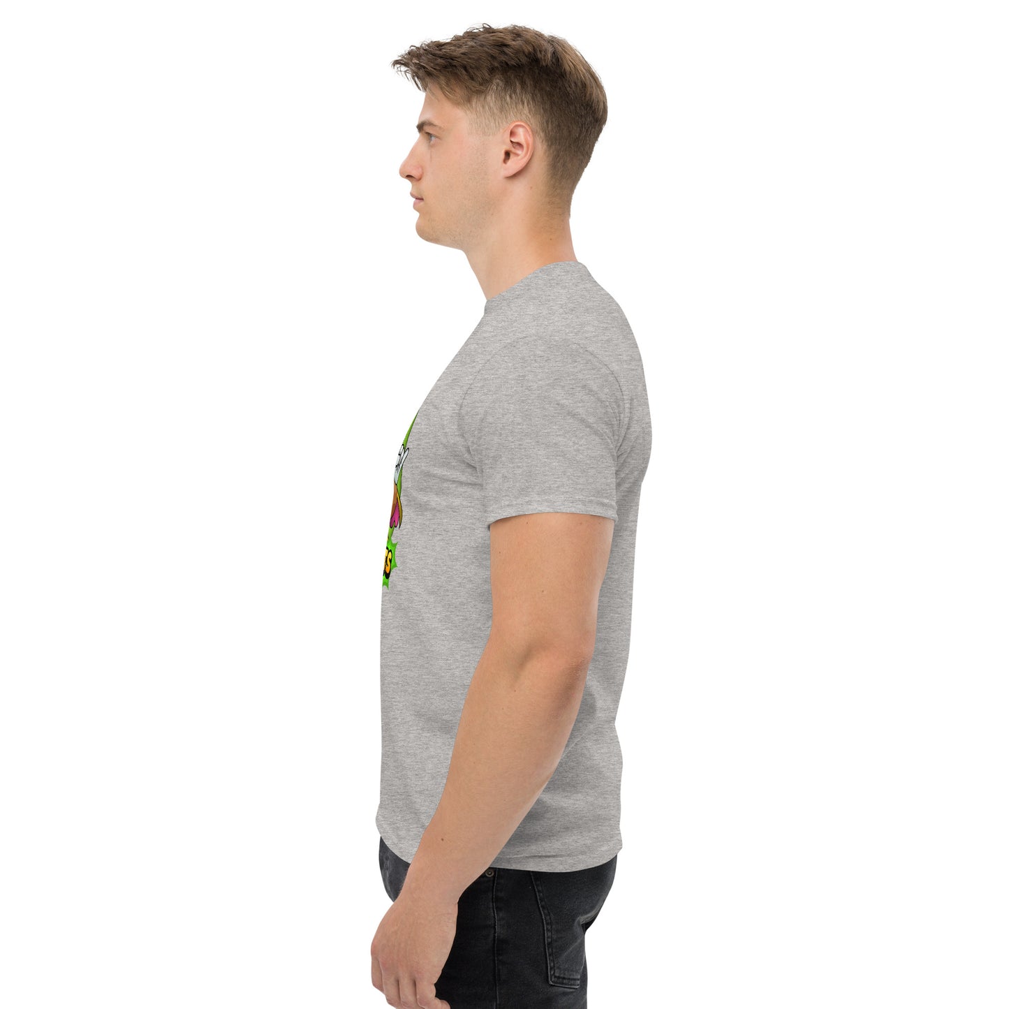 Left side profile of Mr Farts t-shirt in grey