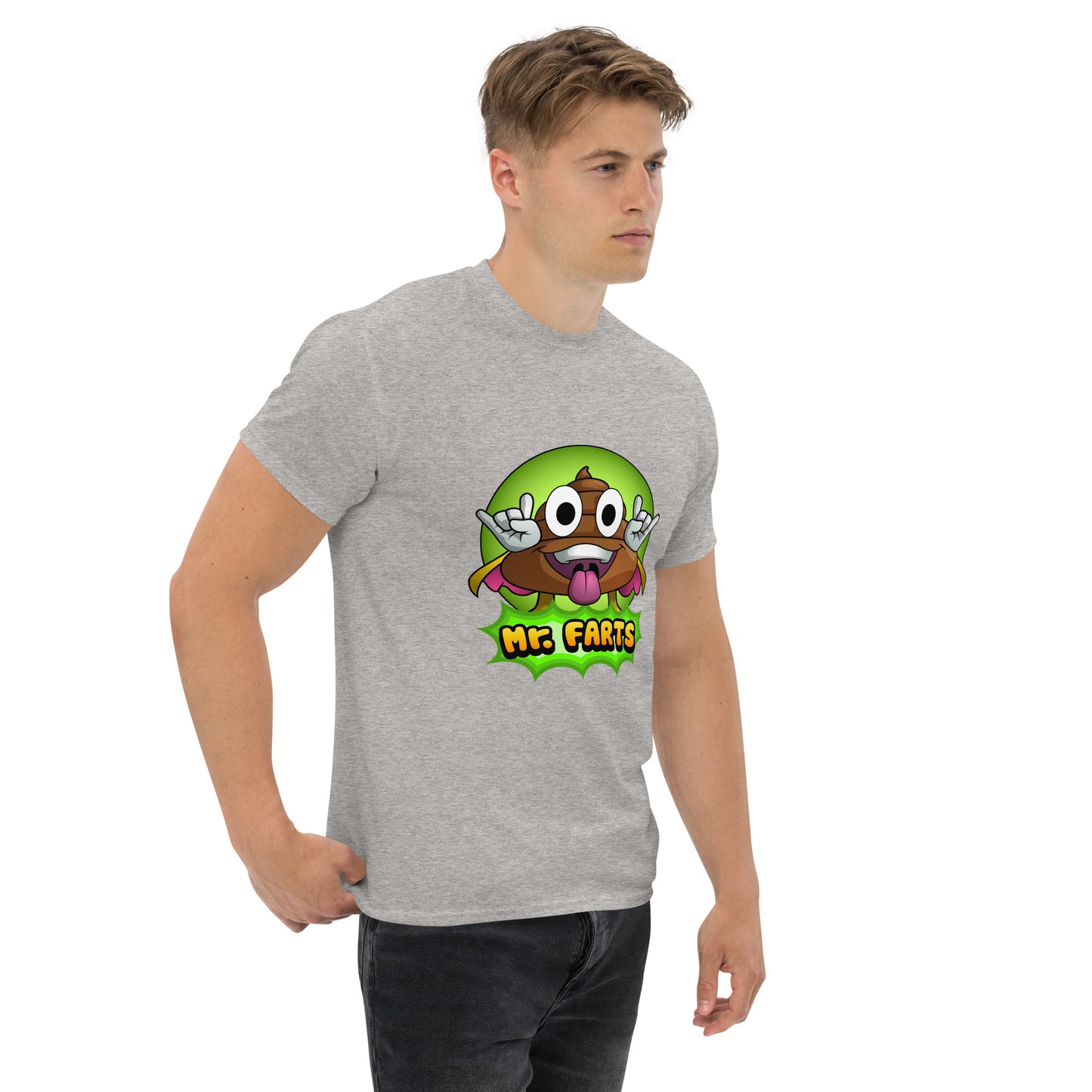 Right angled view of Mr Farts t-shirt in grey