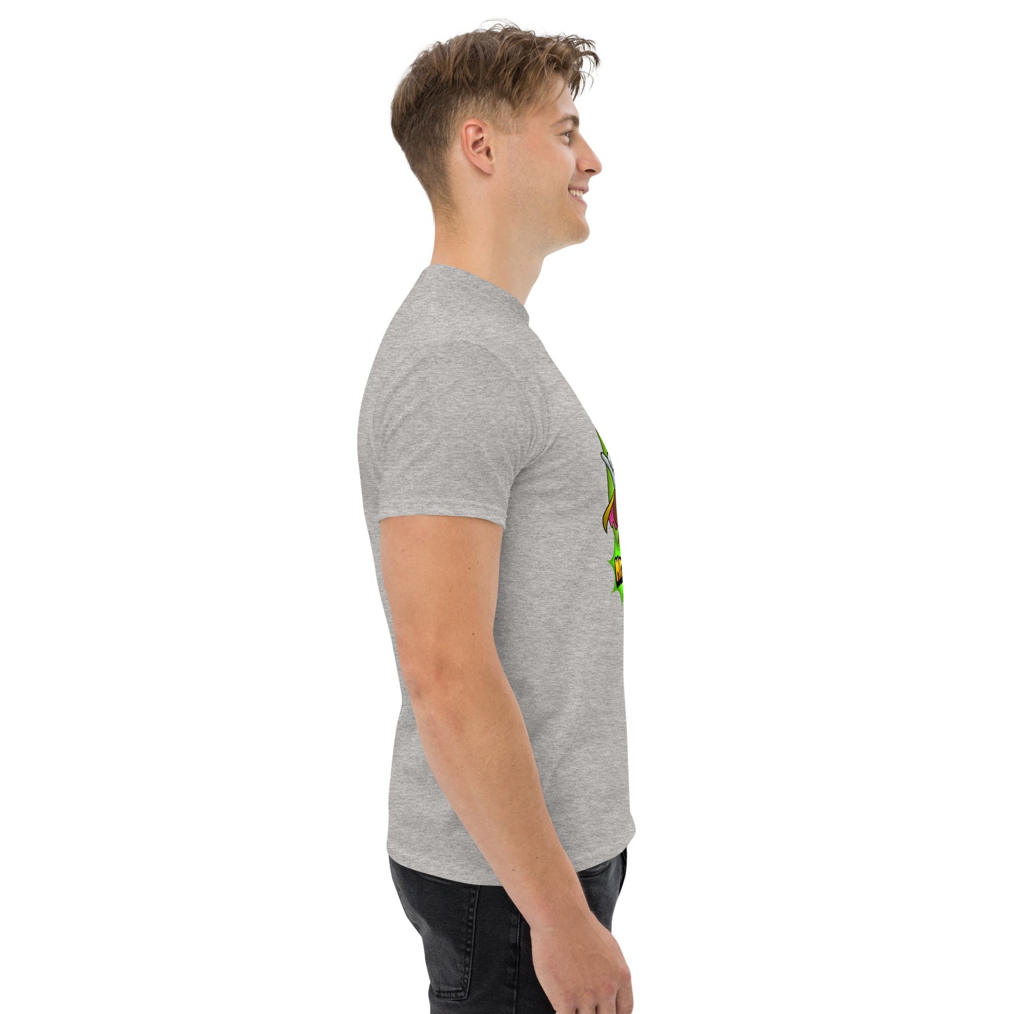 Right side profile of Mr Farts t-shirt in grey
