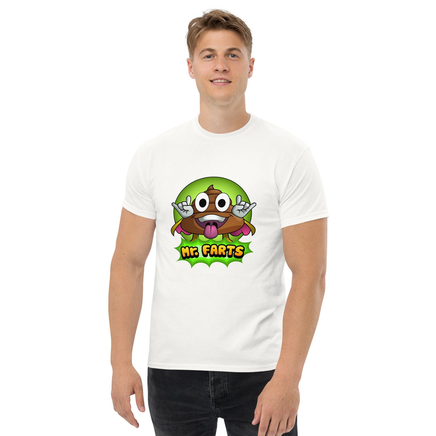 Front view of Mr Farts classic t-shirt in white