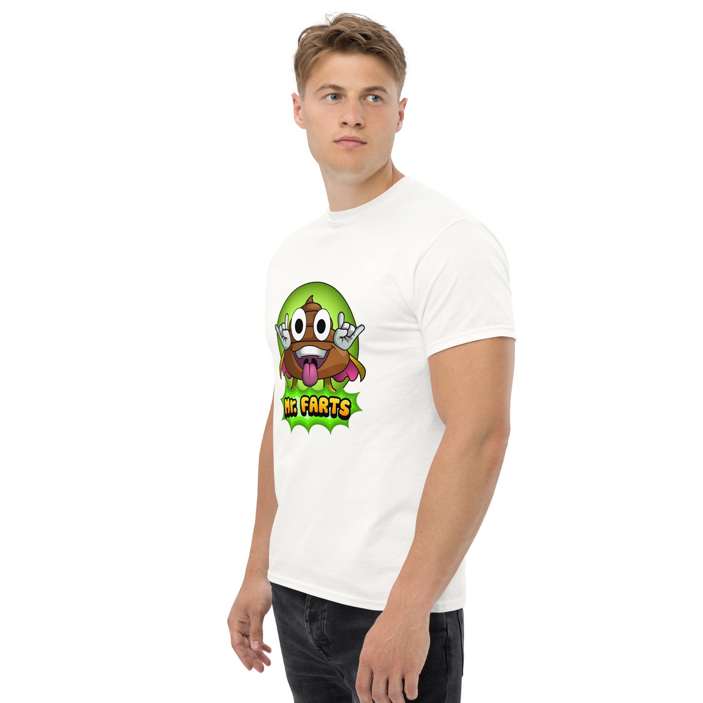 Left angled view of Mr Farts t-shirt in white