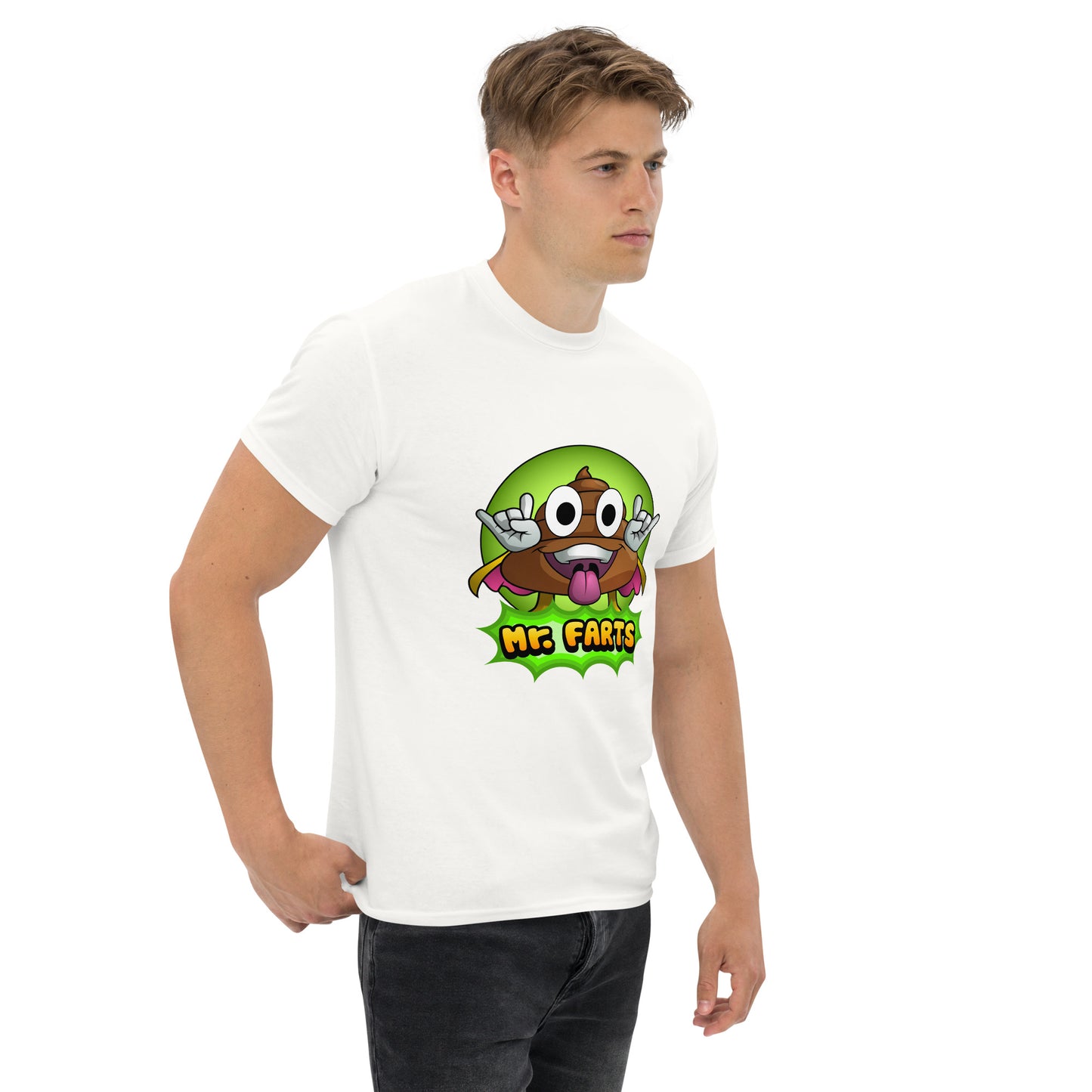 Right angled view of Mr Farts t-shirt in white