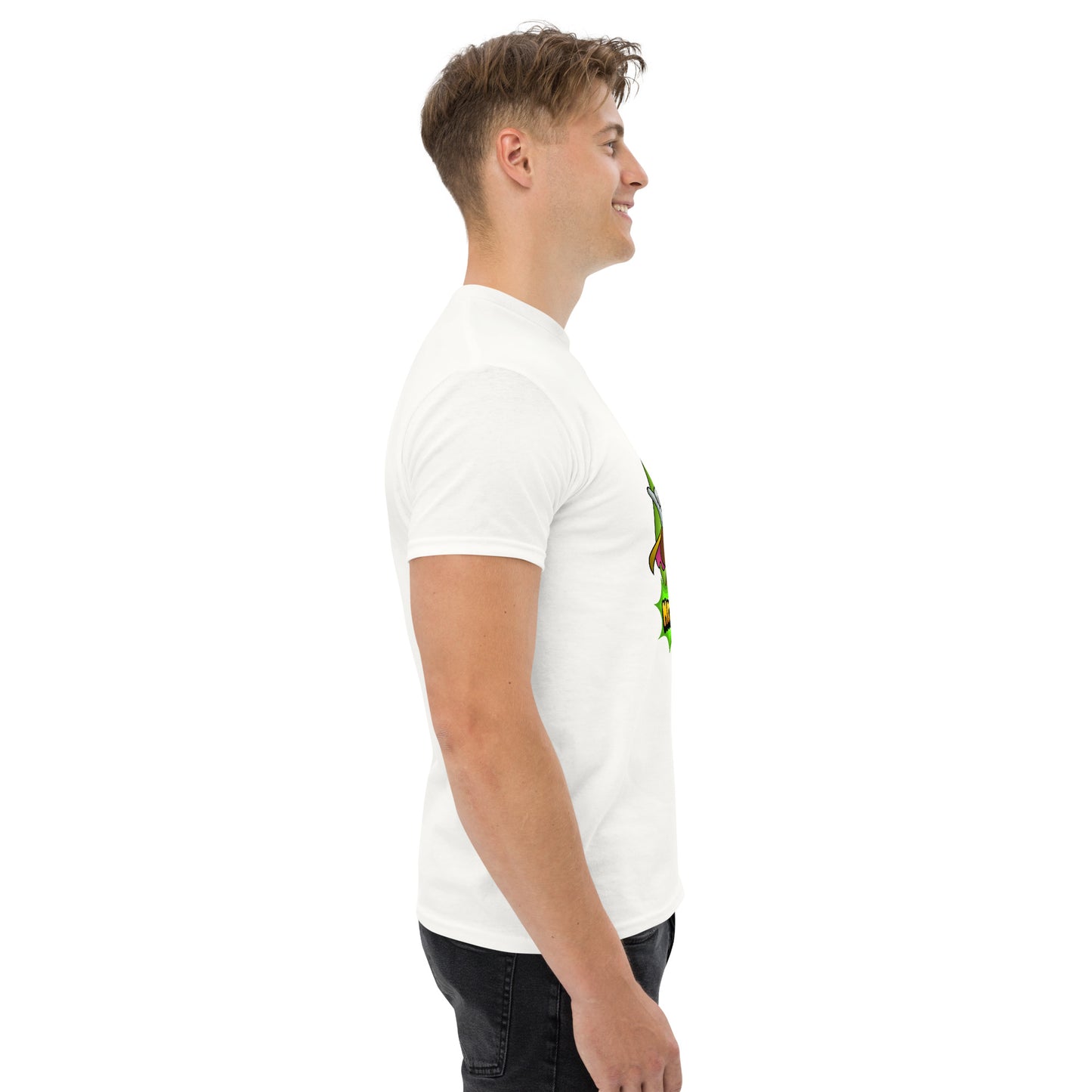 Right side profile of Mr Farts t-shirt in white