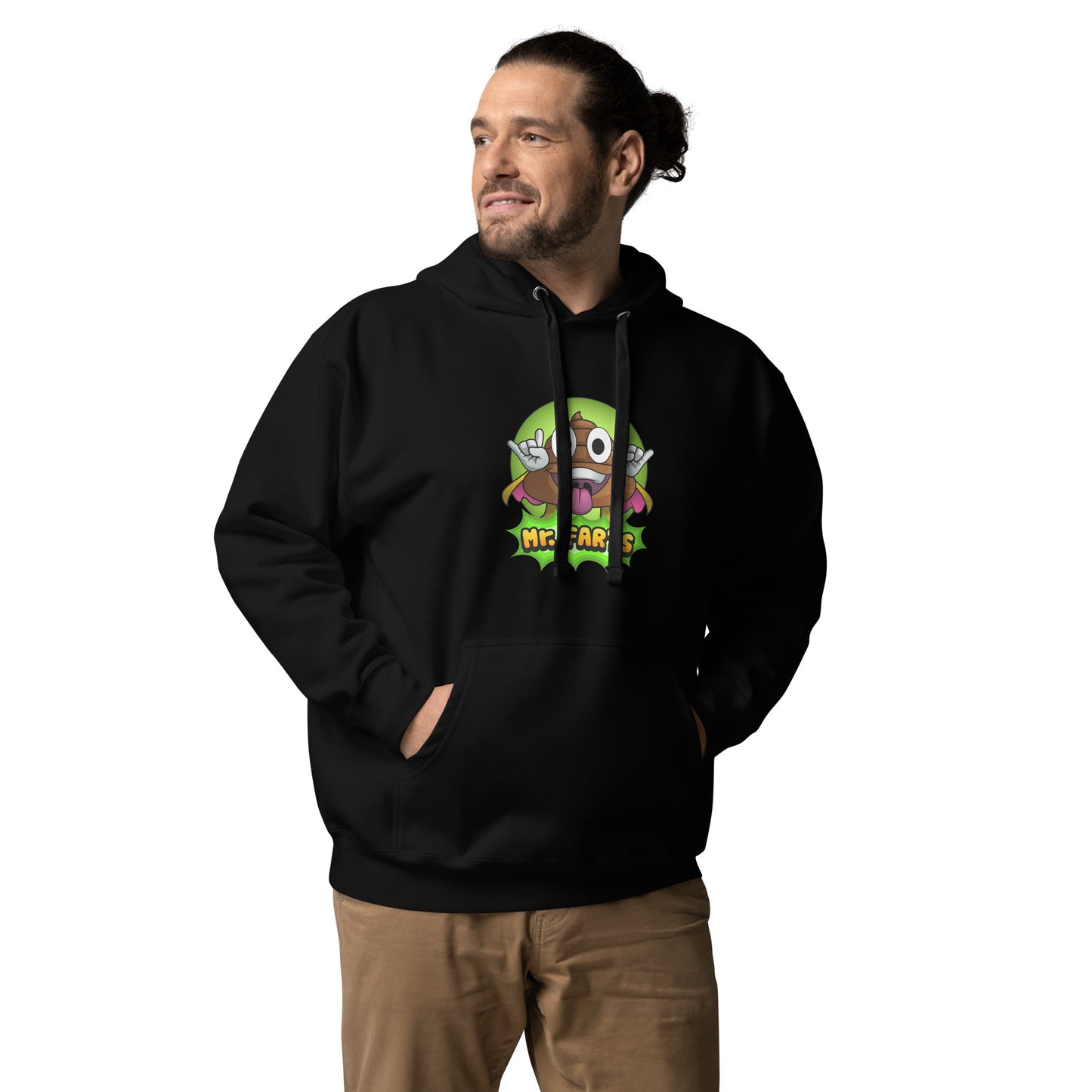 Front view of Mr Farts hoodie in balck