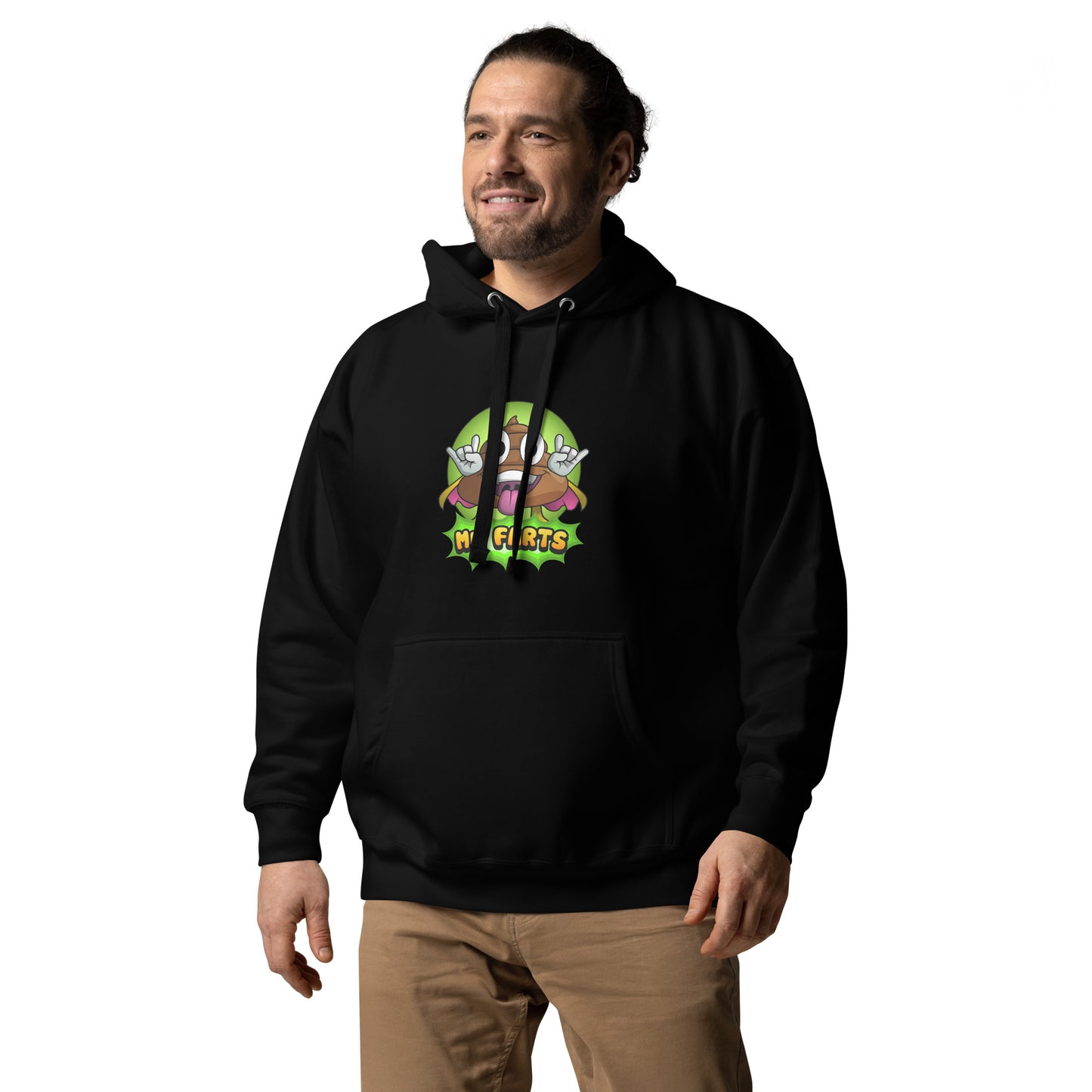 Left angled view of Mr Farts hoodie in black
