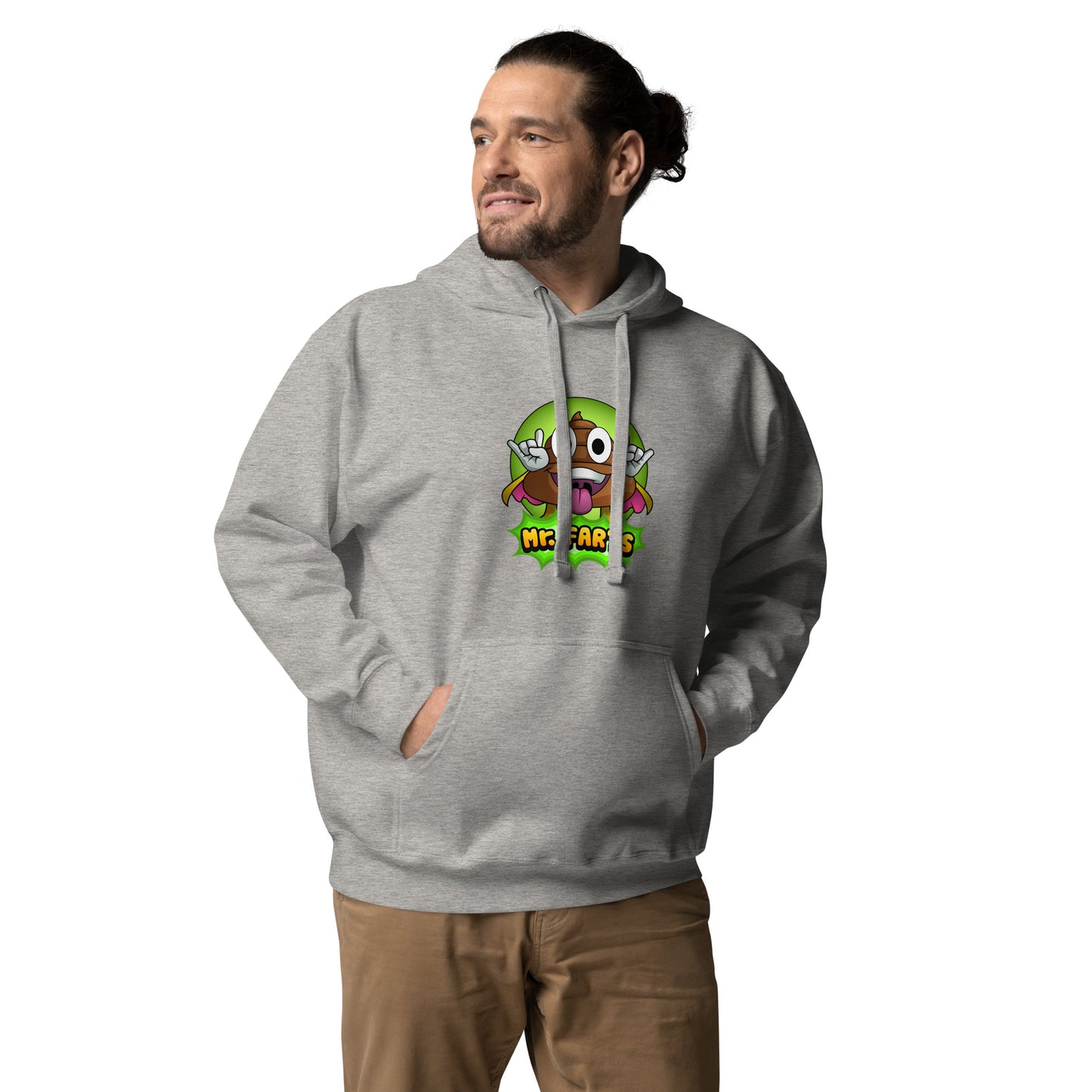 Front view of Mr Farts hoodie in grey