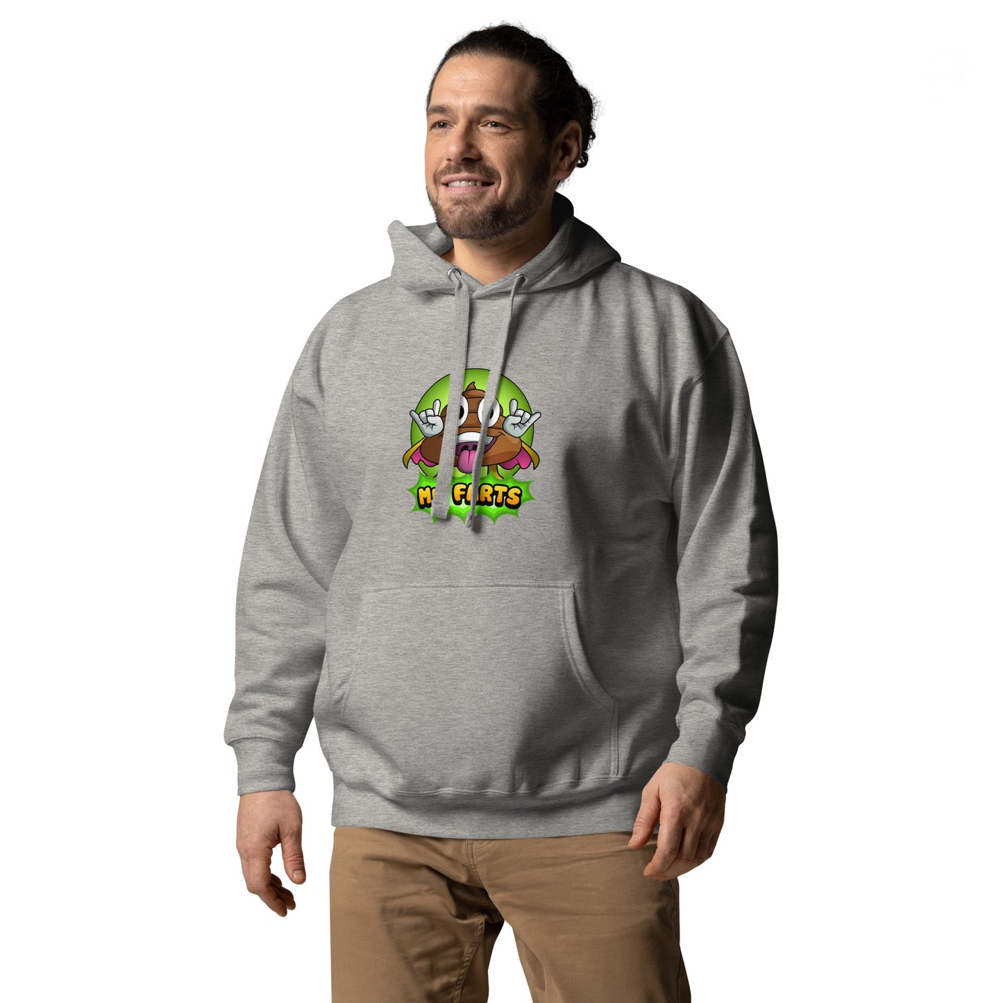 Left angled view of Mr Farts hoodie in navy