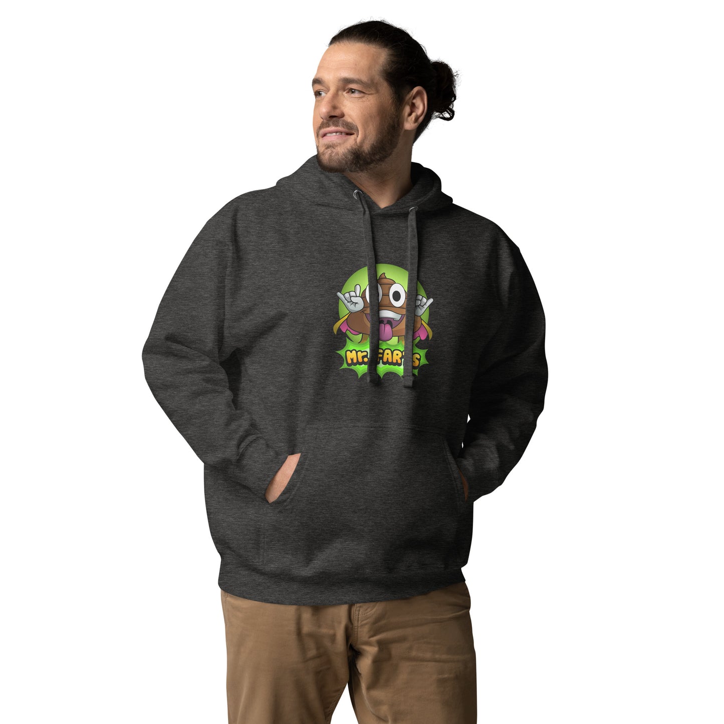 Front view of Mr Farts hoodie in charcoal