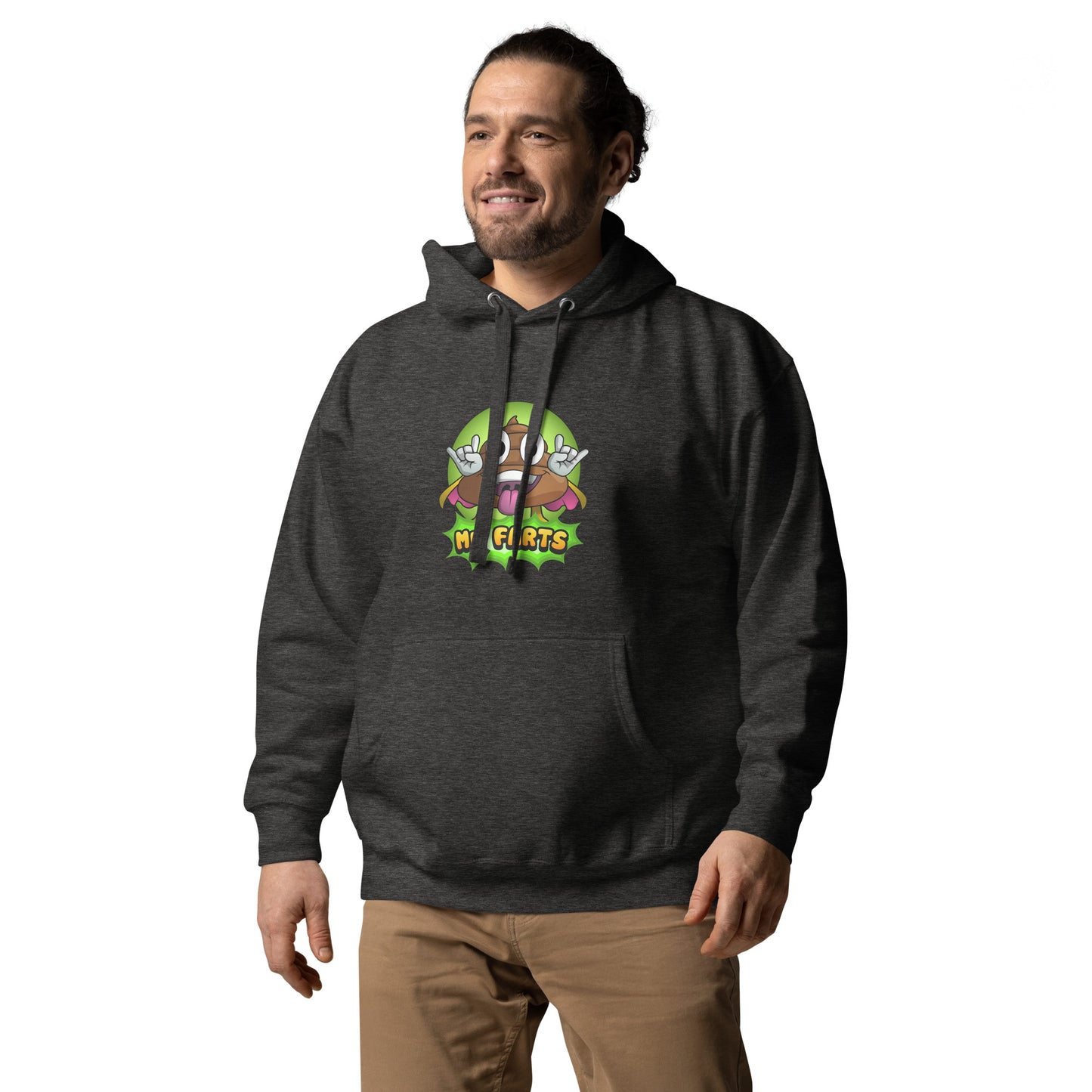 Left angled view of Mr Farts hoodie in charcoal
