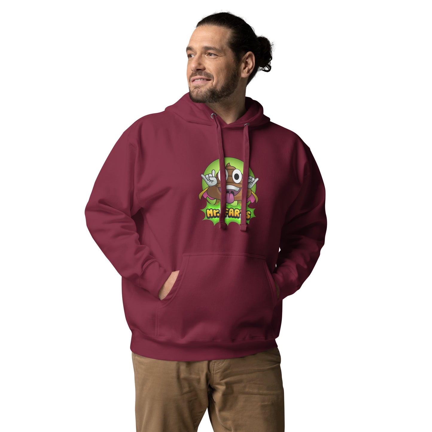 Front view of Mr Farts hoodie in maroon