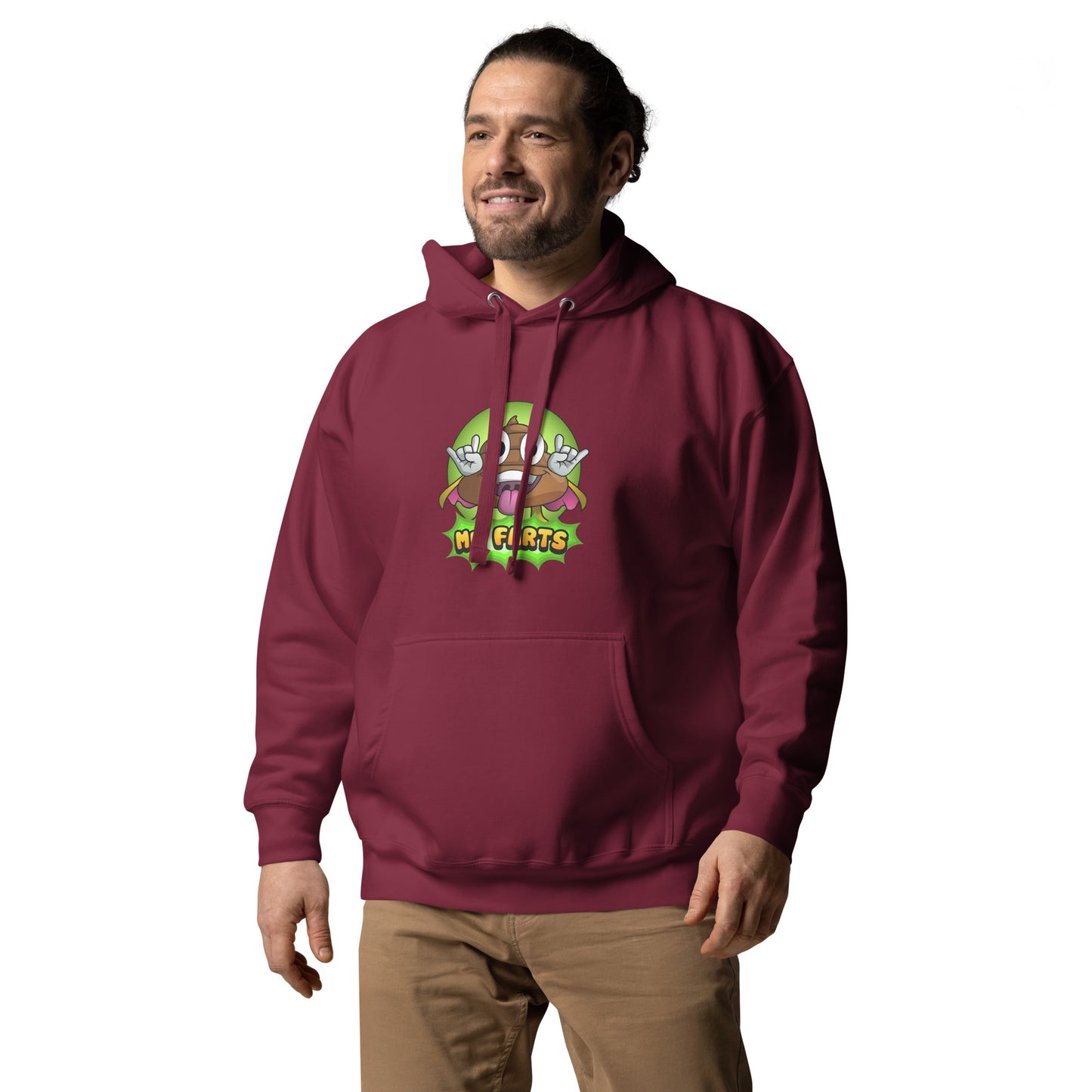 Left angled view of Mr Farts hoodie in maroon