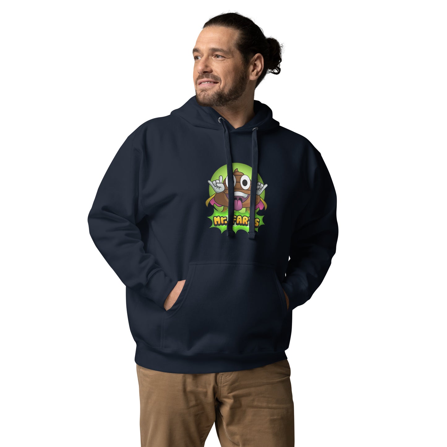 Left angled view of Mr Farts hoodie in navy