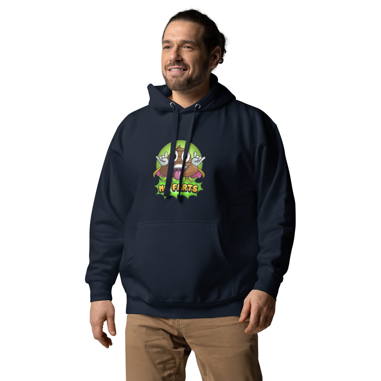 Left angled view of Mr Farts hoodie in navy
