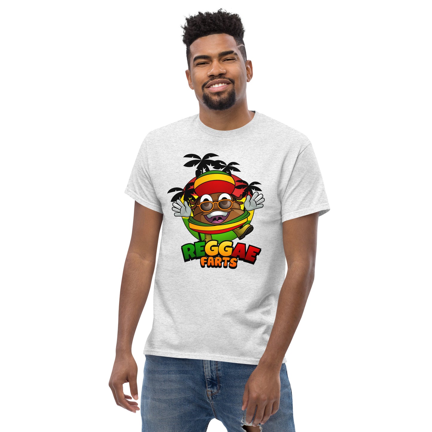 Model wearing ash Reggae Farts shirt