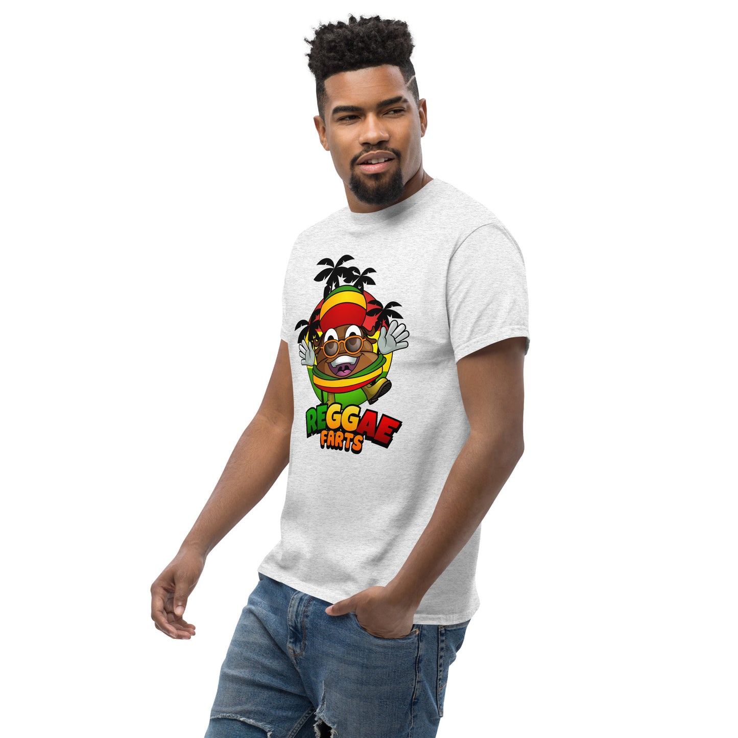 Side angle of model in ash reggae farts T-Shirt with bold print