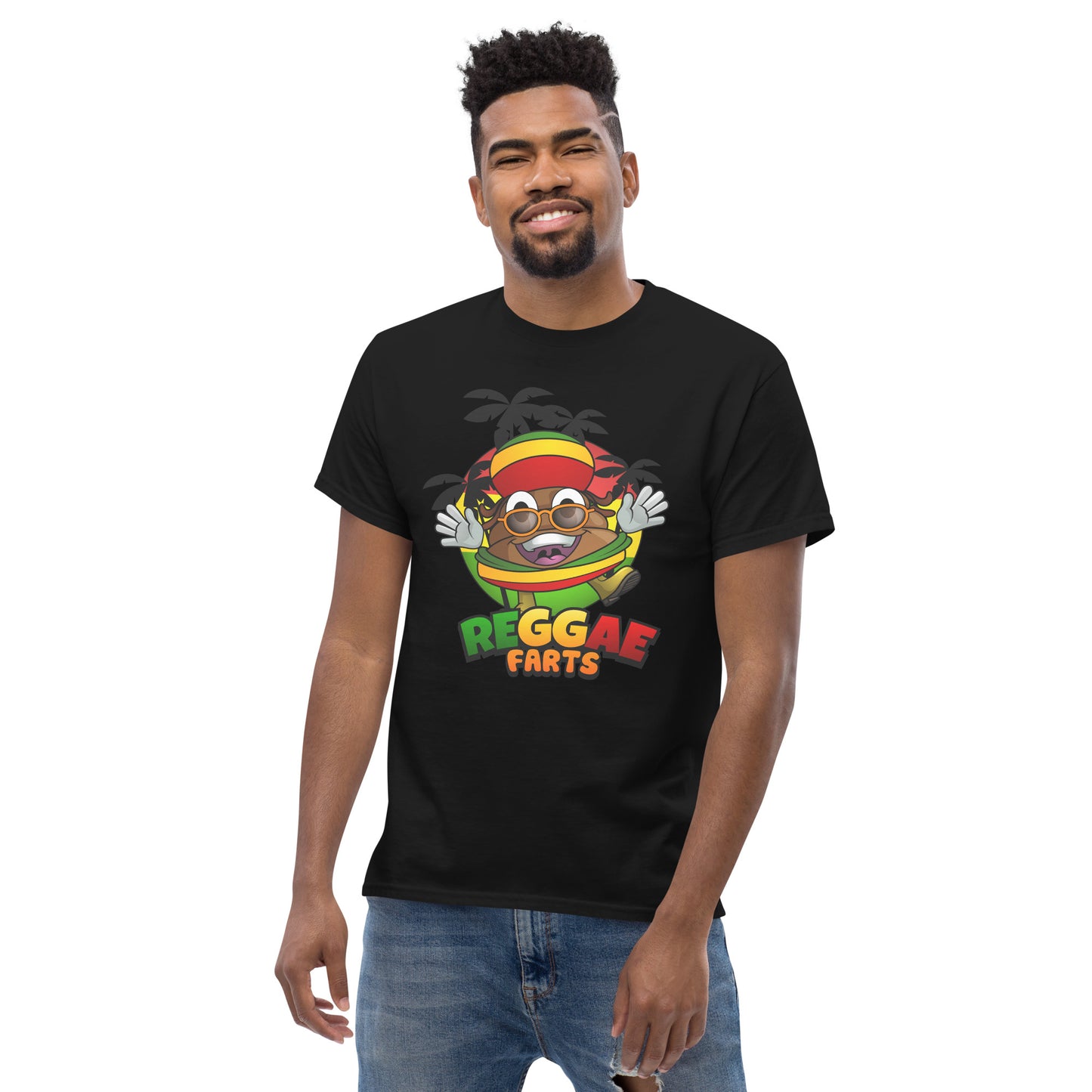 Model wearing black Reggae Farts shirt