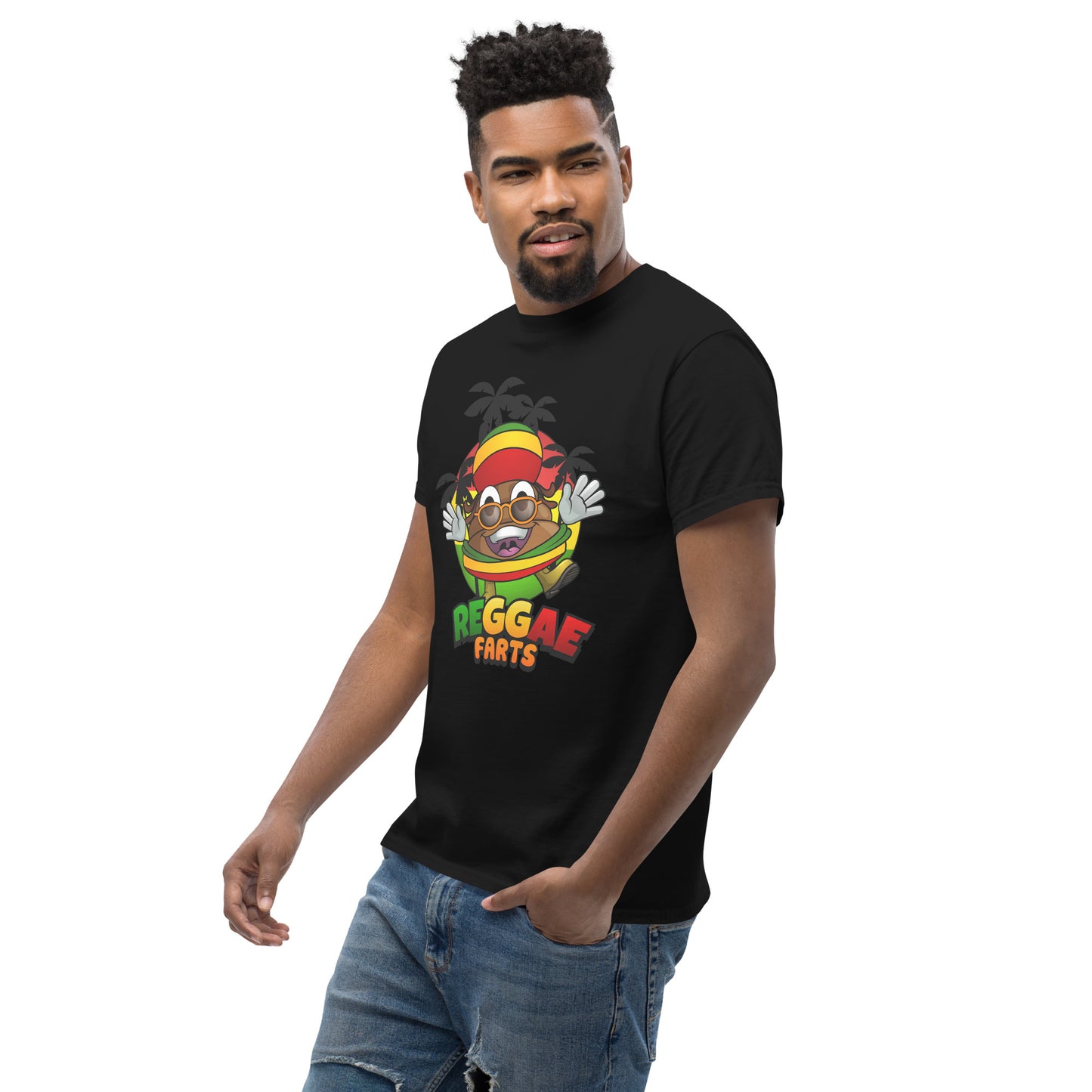 Side angle of model in balck reggae farts T-Shirt with bold print