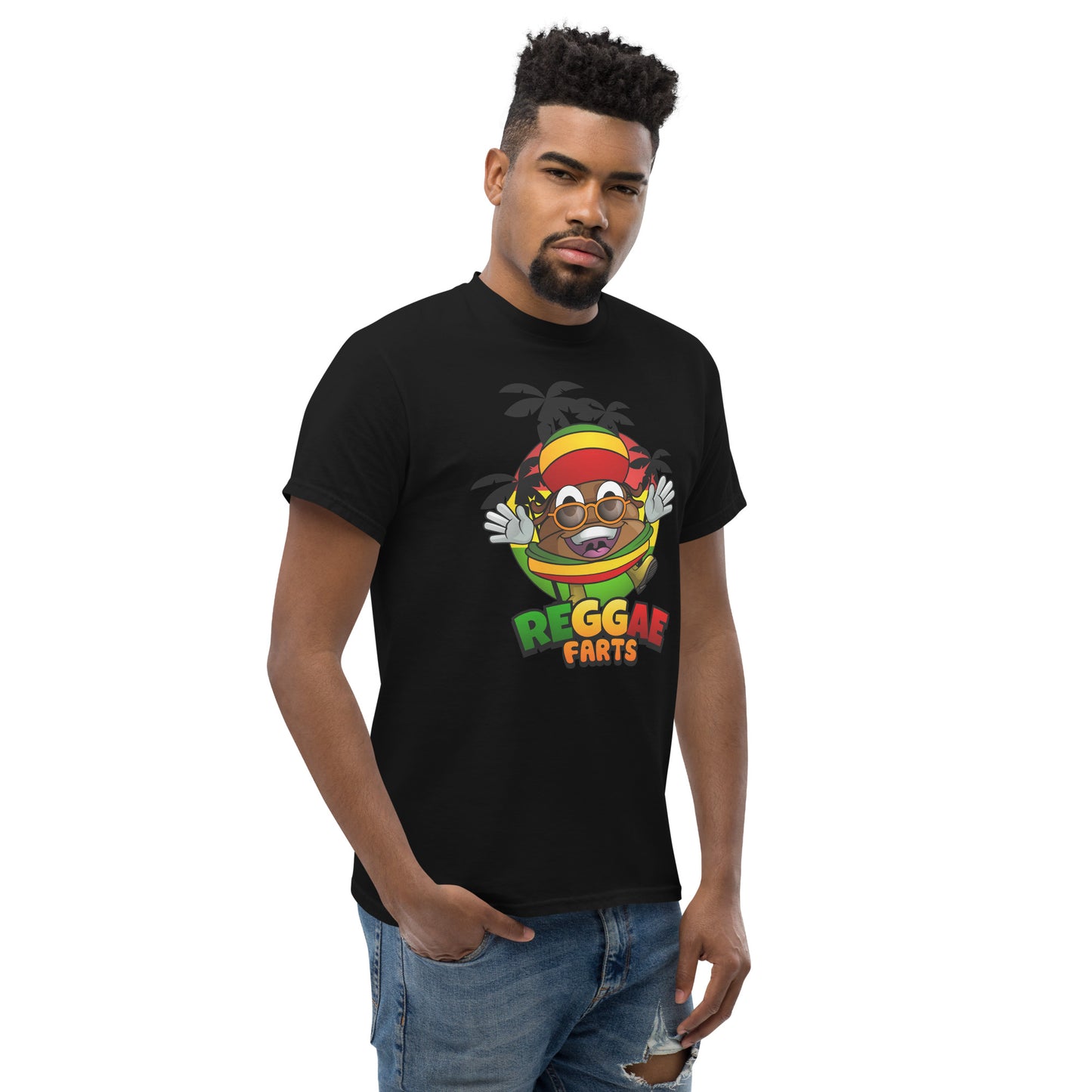 Mr Farts from Reggae Farts bold print on Black t-shirt