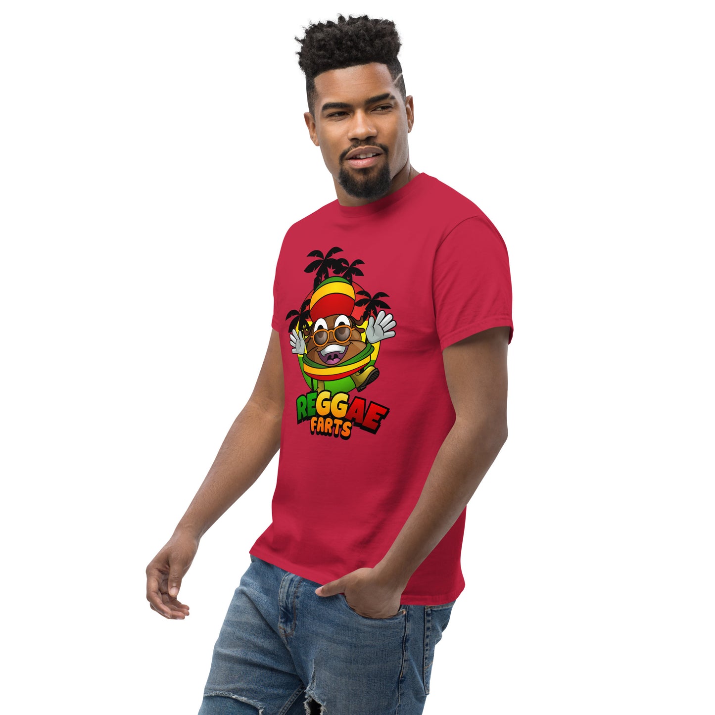 Side angle of model in red reggae farts T-Shirt with bold print