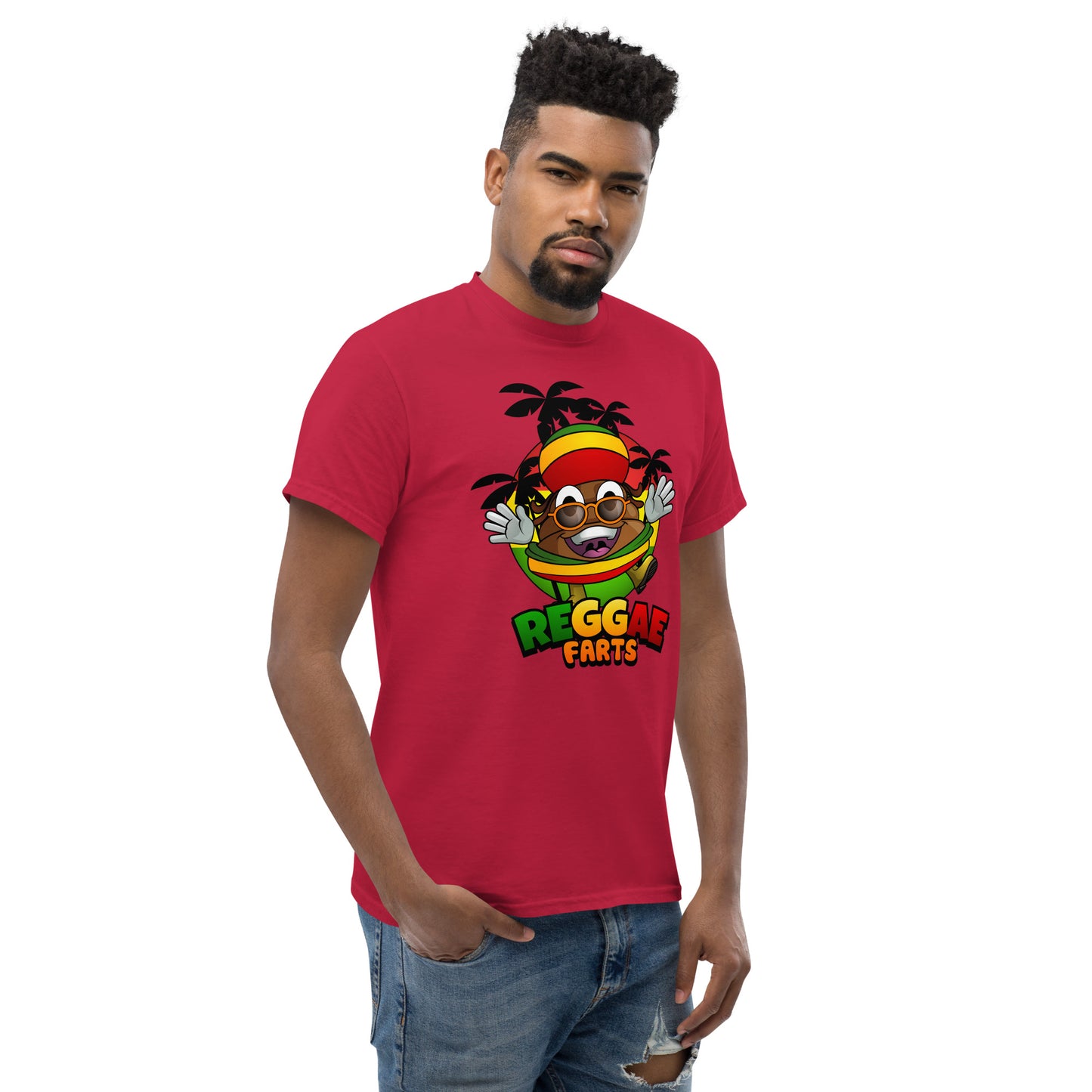 Mr Farts from Reggae Farts bold print on red t-shirt