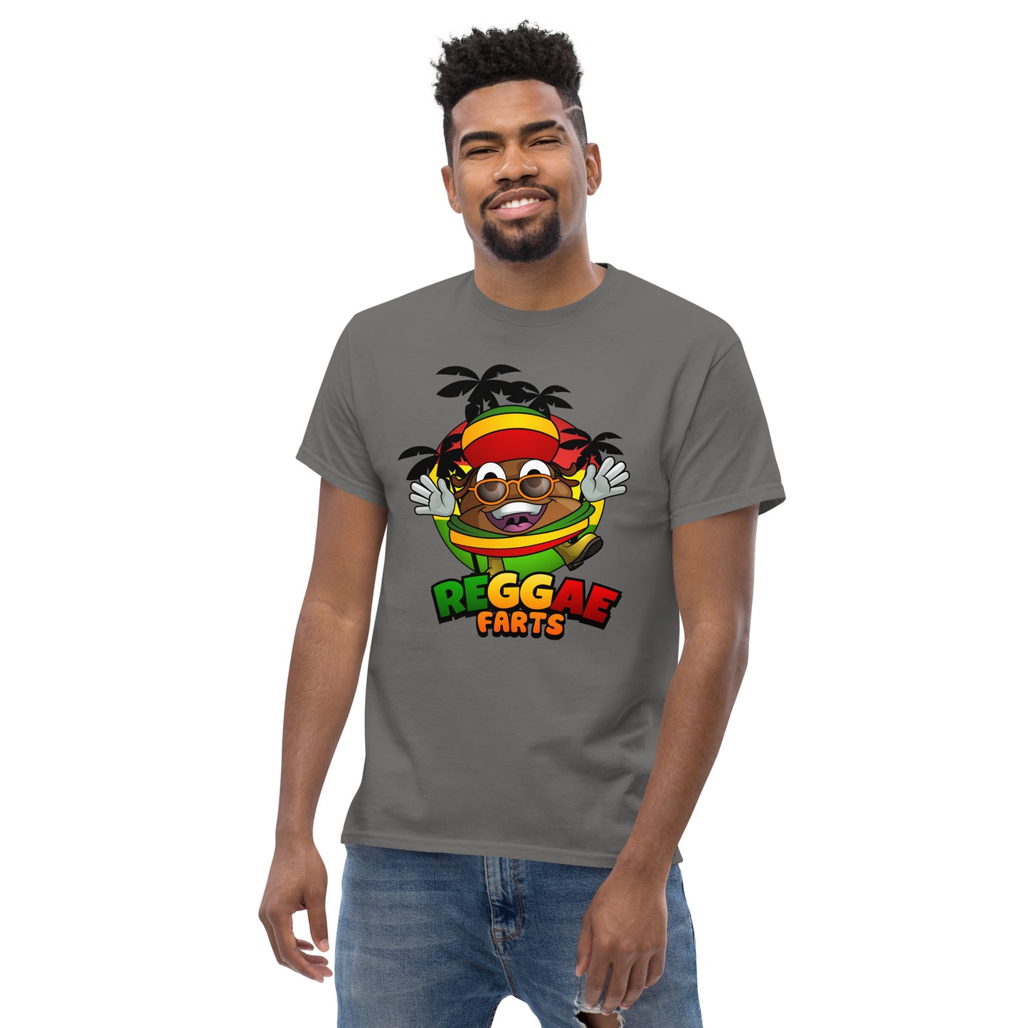 Model in charcoal Reggae Farts tee