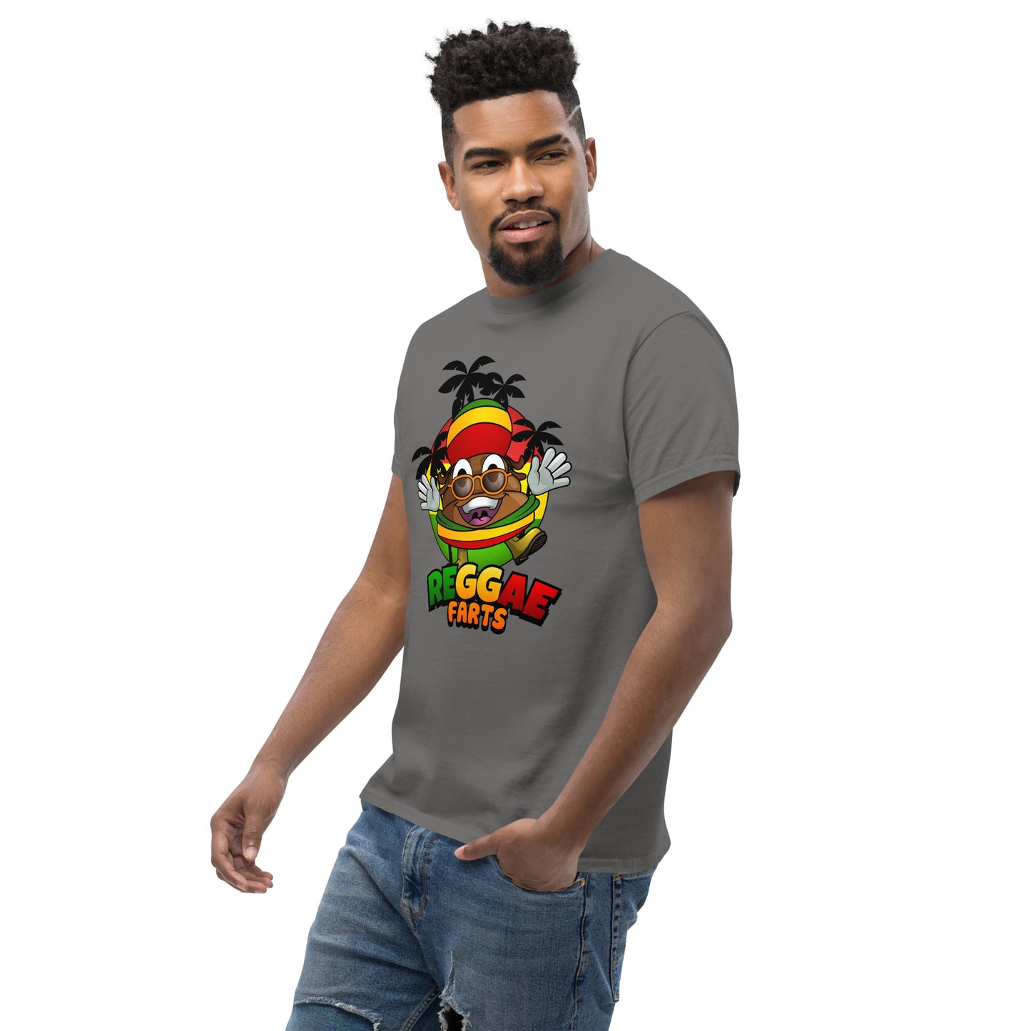 Side angle of model in charcoal reggae farts T-Shirt with bold print