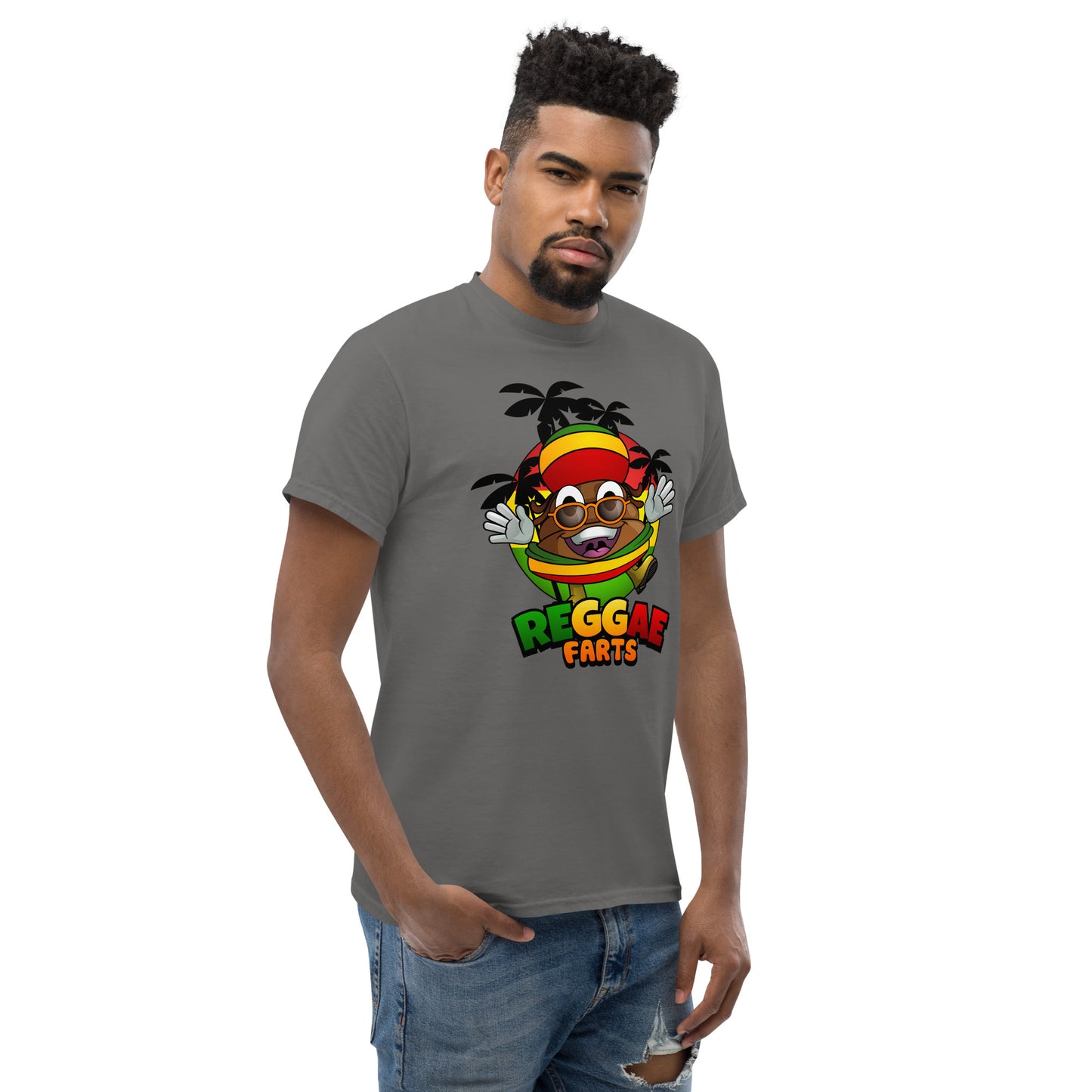 Mr Farts from Reggae Farts bold print on charcoal t-shirt