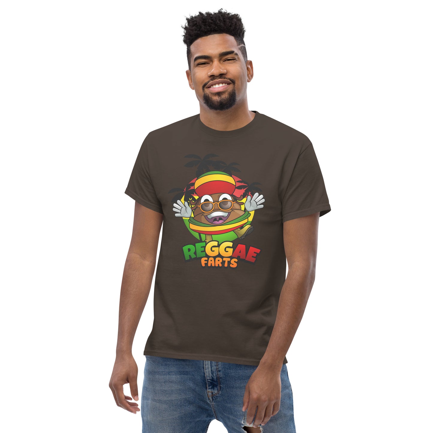 Model in dark chocolate Reggae Farts tee