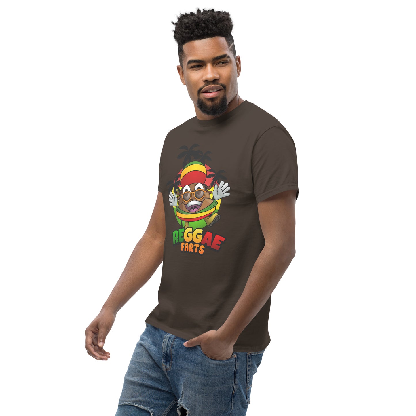 Side angle of model in dark chocolate reggae farts T-Shirt with bold print