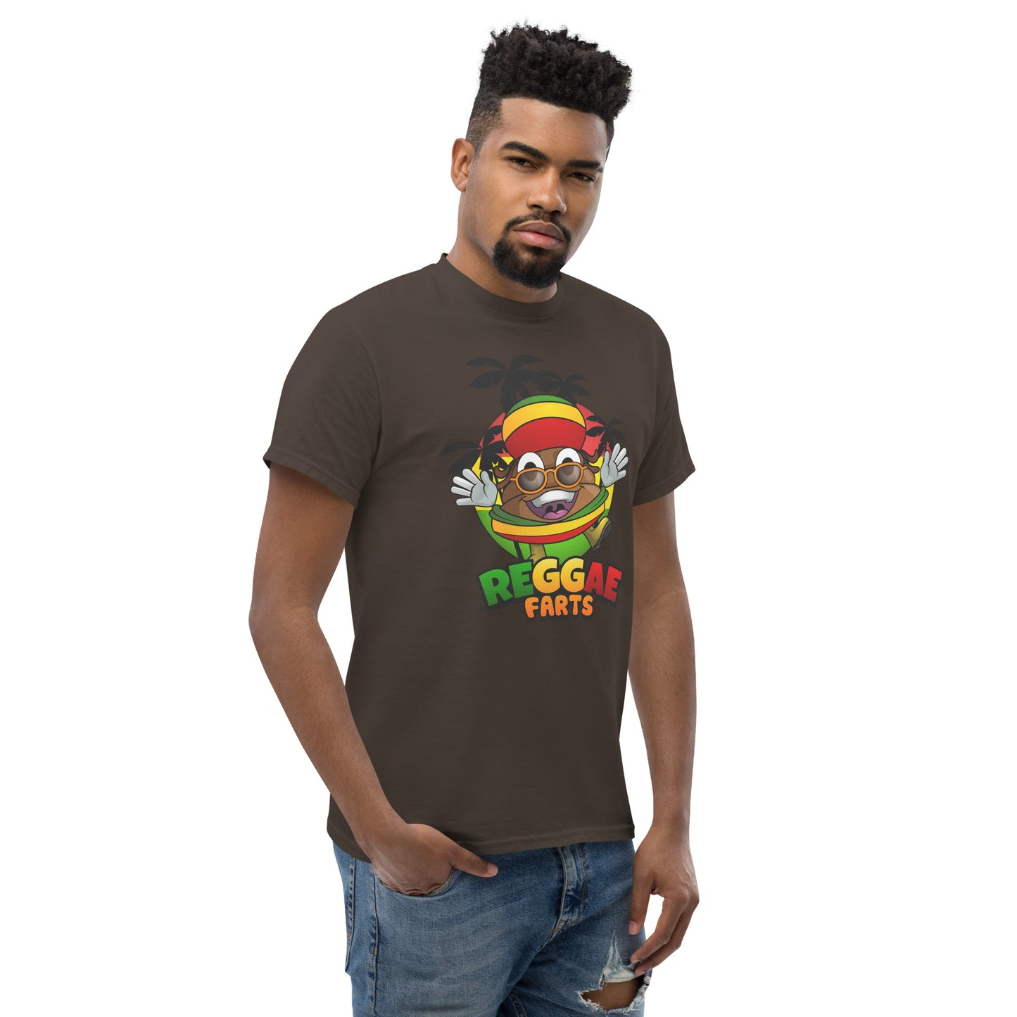Mr Farts from Reggae Farts bold print on Dark Chocolate t-shirt