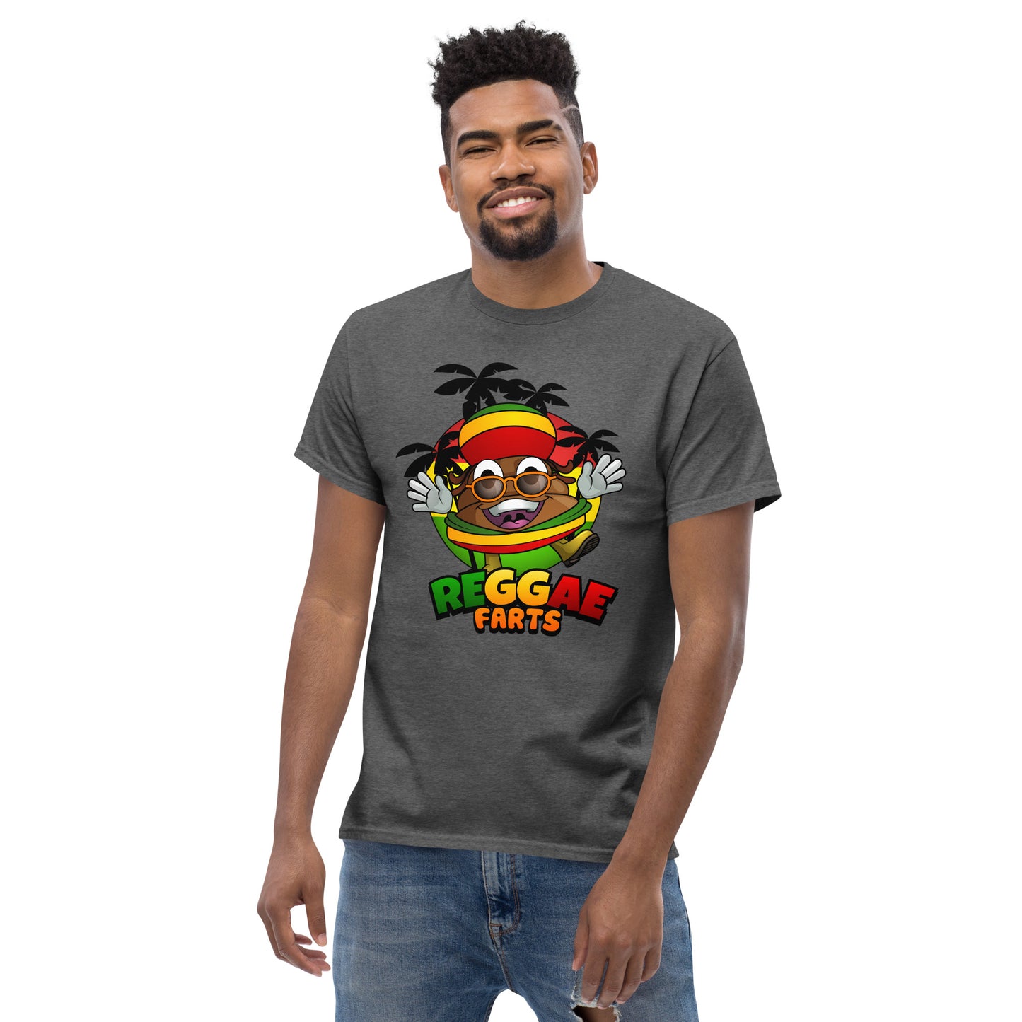 Model in dark heather Reggae Farts tee