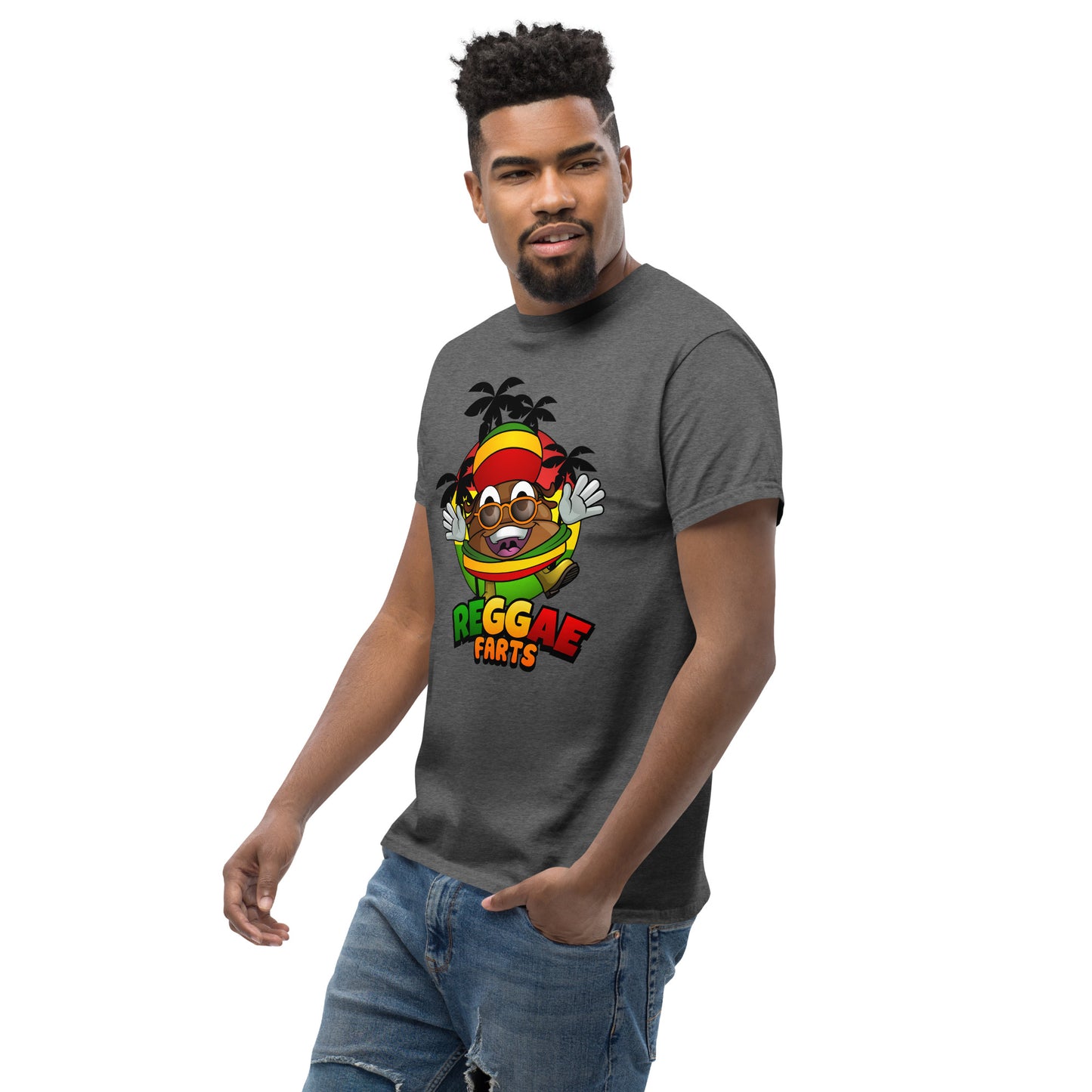 Side angle of model in dark heather reggae farts T-Shirt with bold print